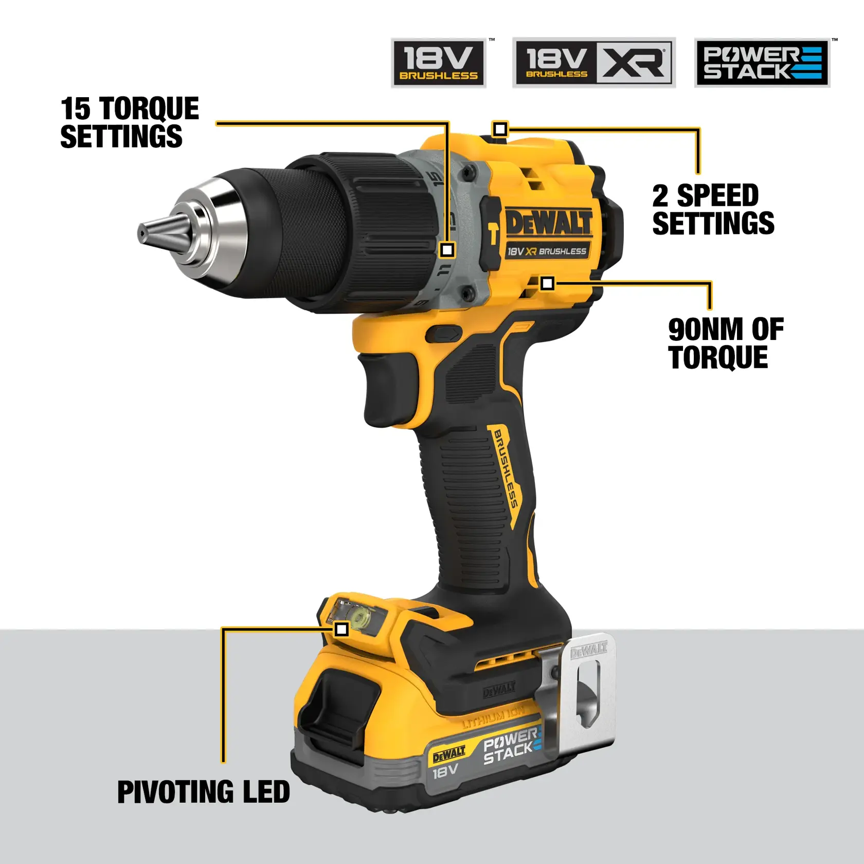 DEWALT® 18V XR® Brushless Hammer Drill Driver - 2 X 1.7Ah POWERSTACK Battery