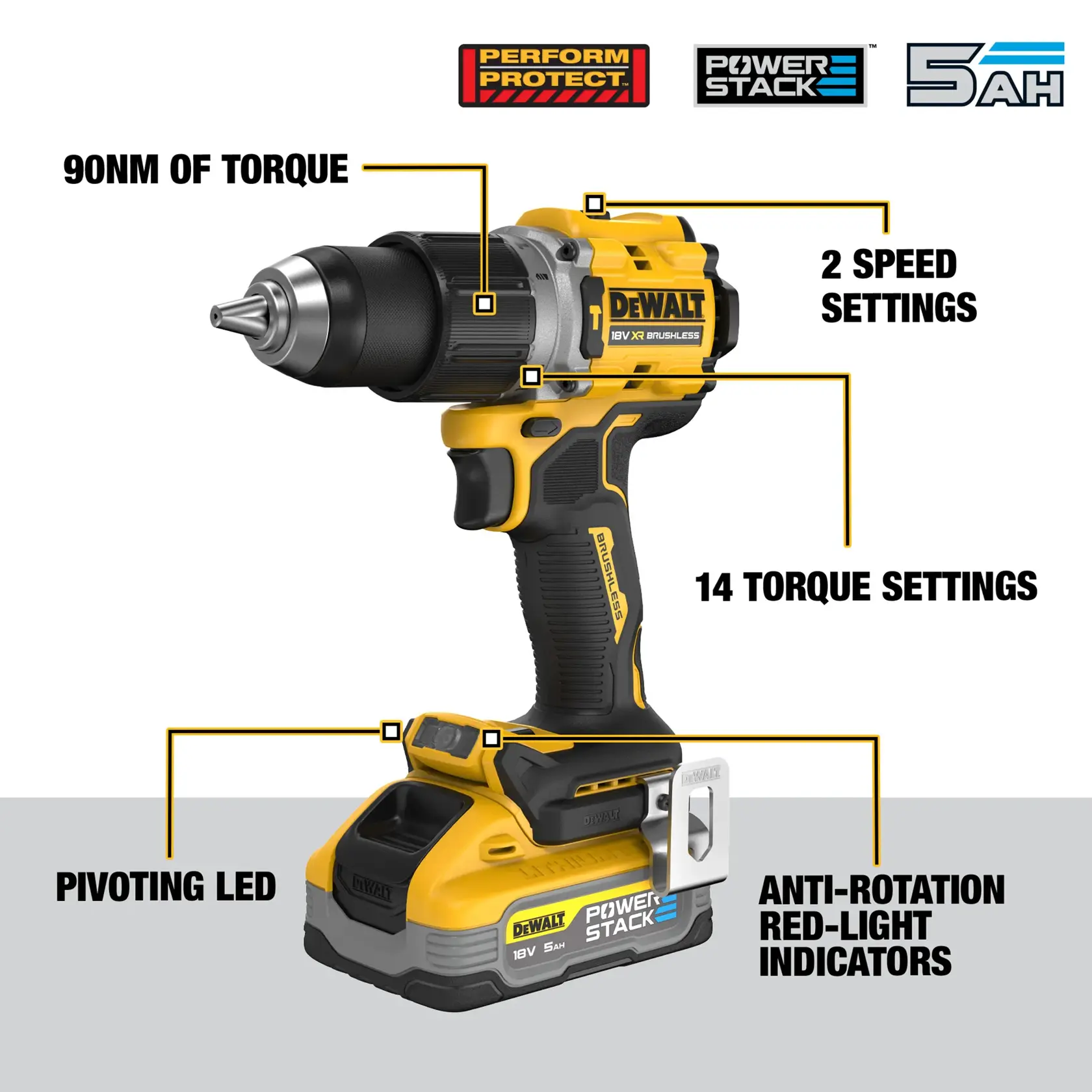 DEWALT® 18V XR® Brushless Hammer Drill Driver - 2 X 5Ah POWERSTACK Battery