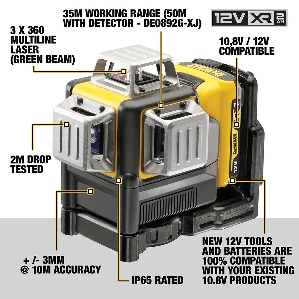 DEWALT® 12V XR® 3 x 360 Cross Line Green Laser - 1 X 2Ah