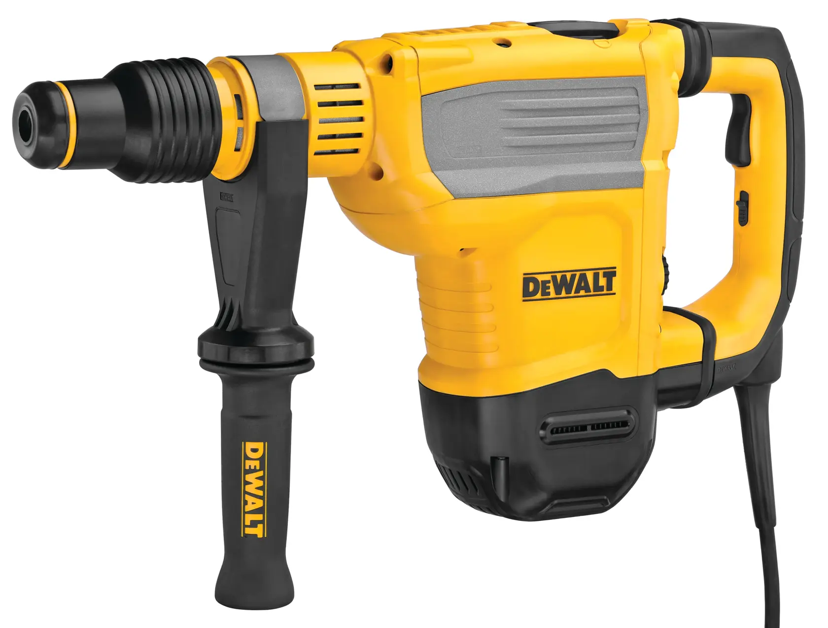 A DEWALT yellow and black corded rotary hammer drill with side handle, shown against a white background.
