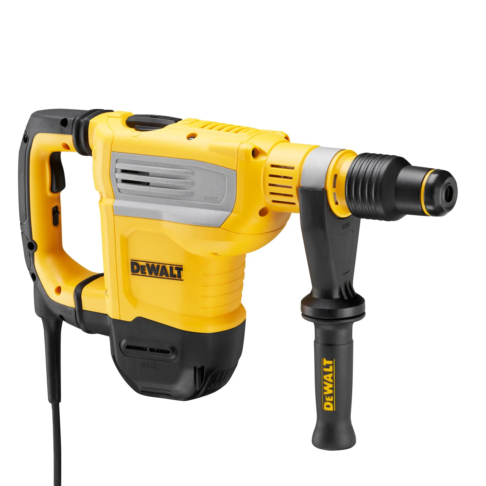 A worker wearing a safety helmet and vest operates a DEWALT rotary hammer drill (SKU: D25614K) to drill into a concrete wall at a construction site. DEWALT equipment and tools are visible in the background.