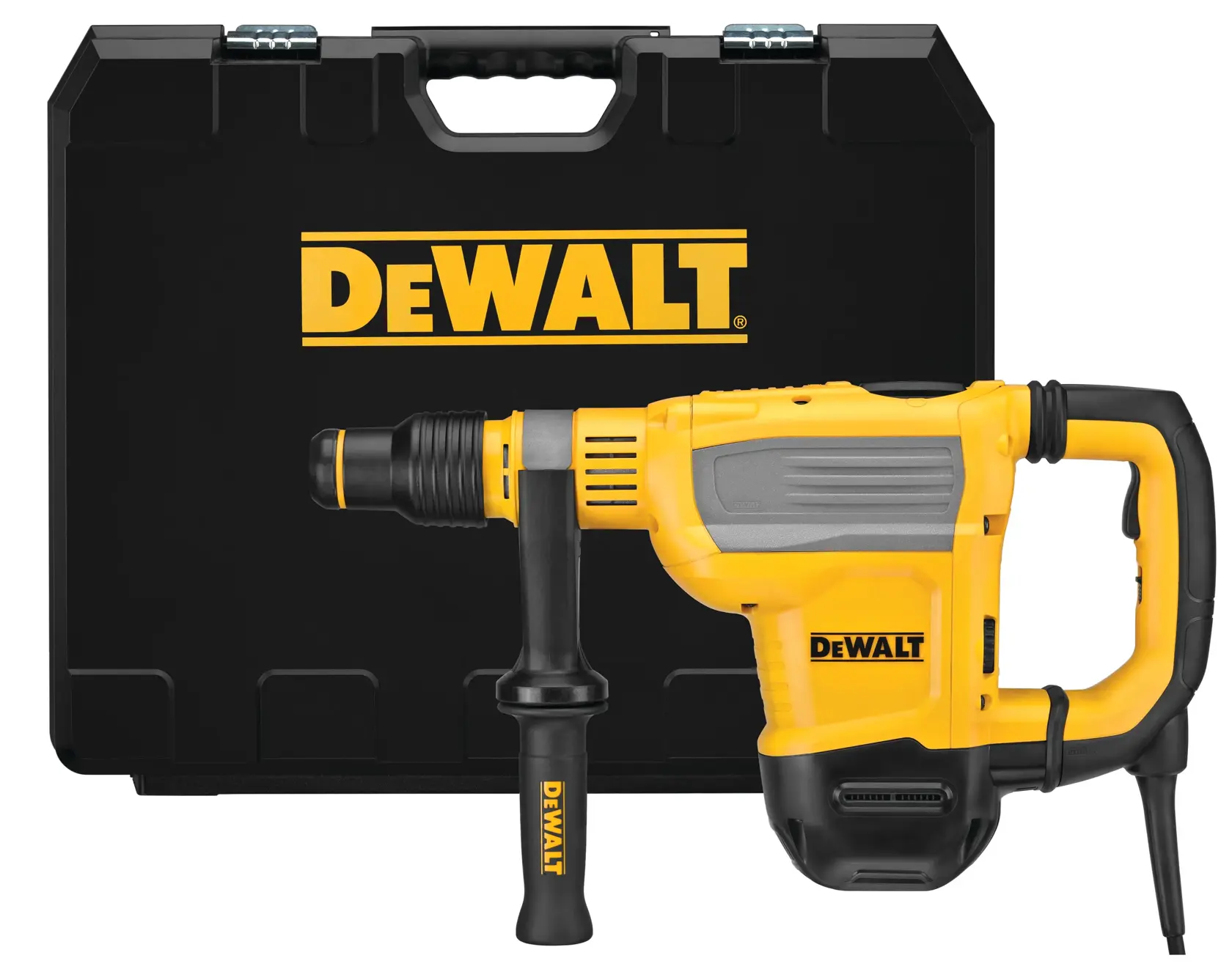 A yellow and black DEWALT rotary hammer drill with two handles and an electric cord, designed for heavy-duty construction work.
