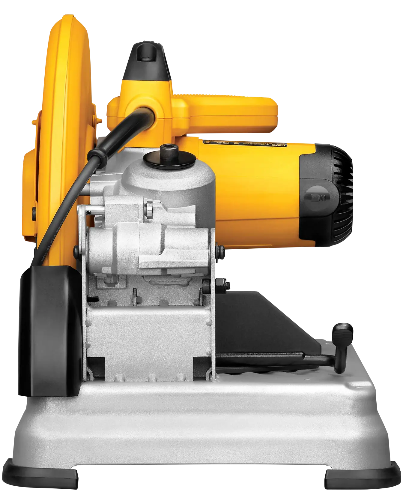 Side view of a DEWALT D28715 heavy-duty chop saw with a yellow and black motor housing and a sturdy metal base, suitable for cutting metal materials.