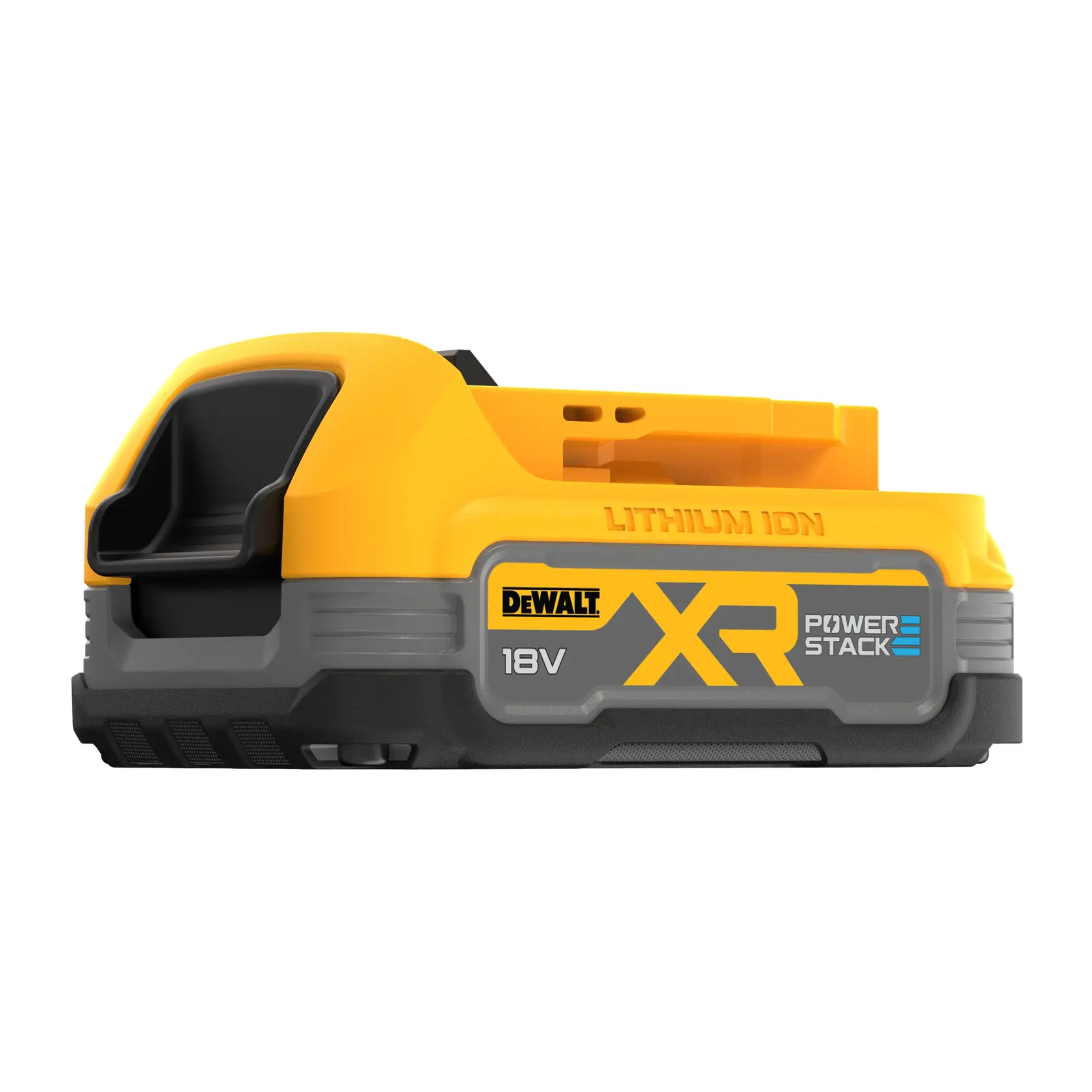 DEWALT XR POWERSTACK 18V lithium ion battery, shown in yellow and black, designed for power tools. The product is labeled with DEWALT branding and XR POWERSTACK logo.
