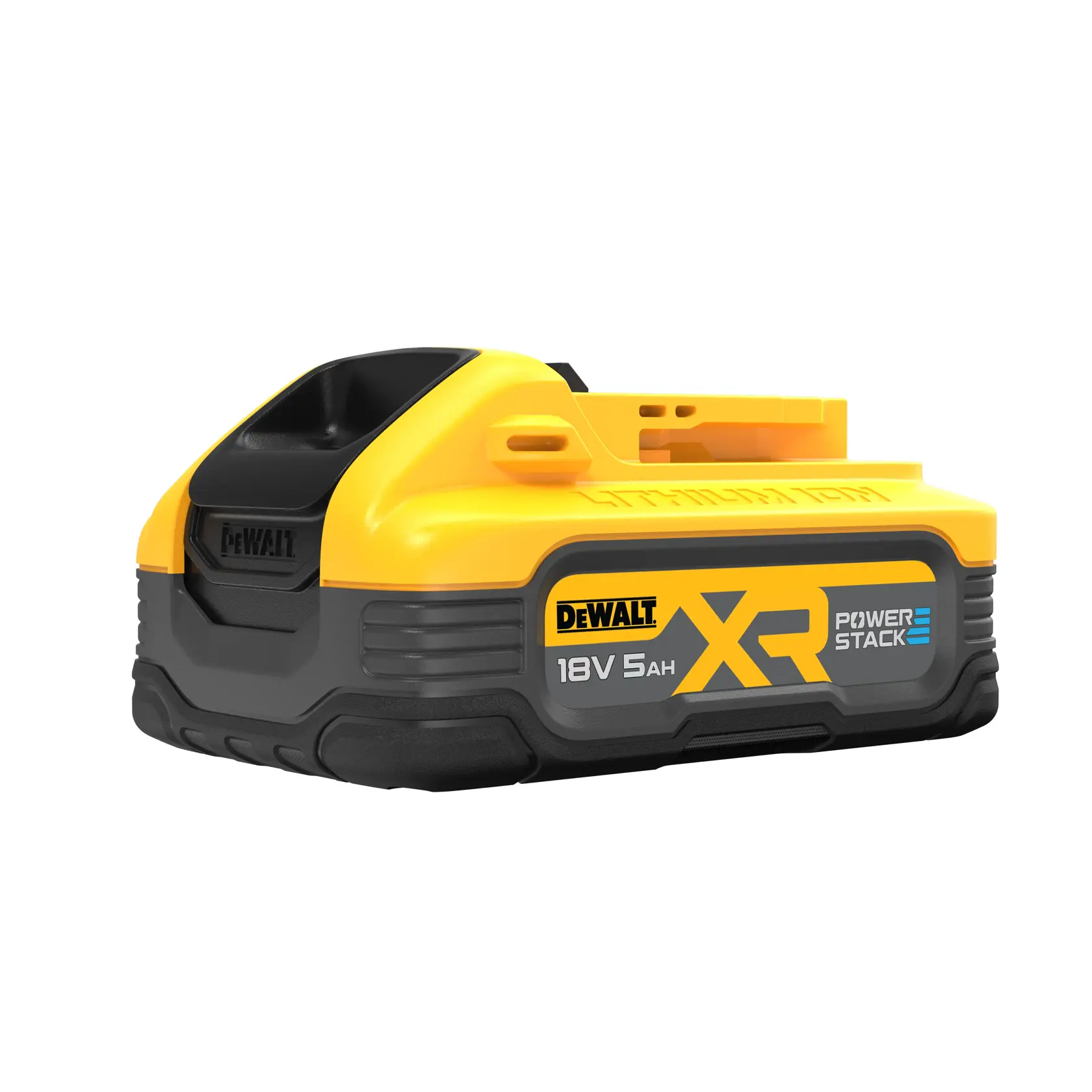 A DEWALT XR Powerstack lithium-ion battery, 18V 5Ah, with a yellow and black casing, designed for power tools.