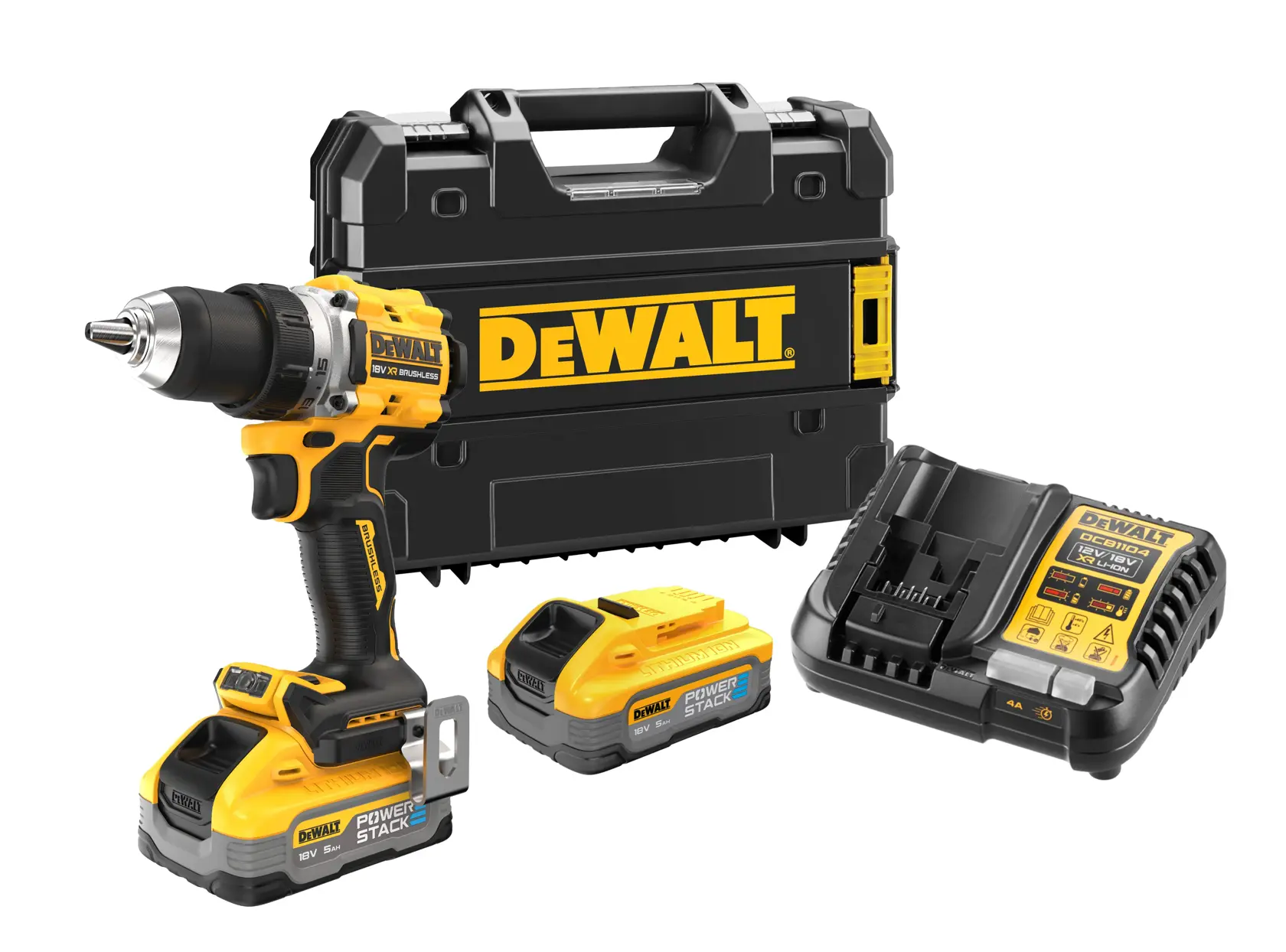 A DEWALT cordless power drill set including a yellow and black drill, two battery packs, a battery charger, and a hard carrying case with DEWALT branding.