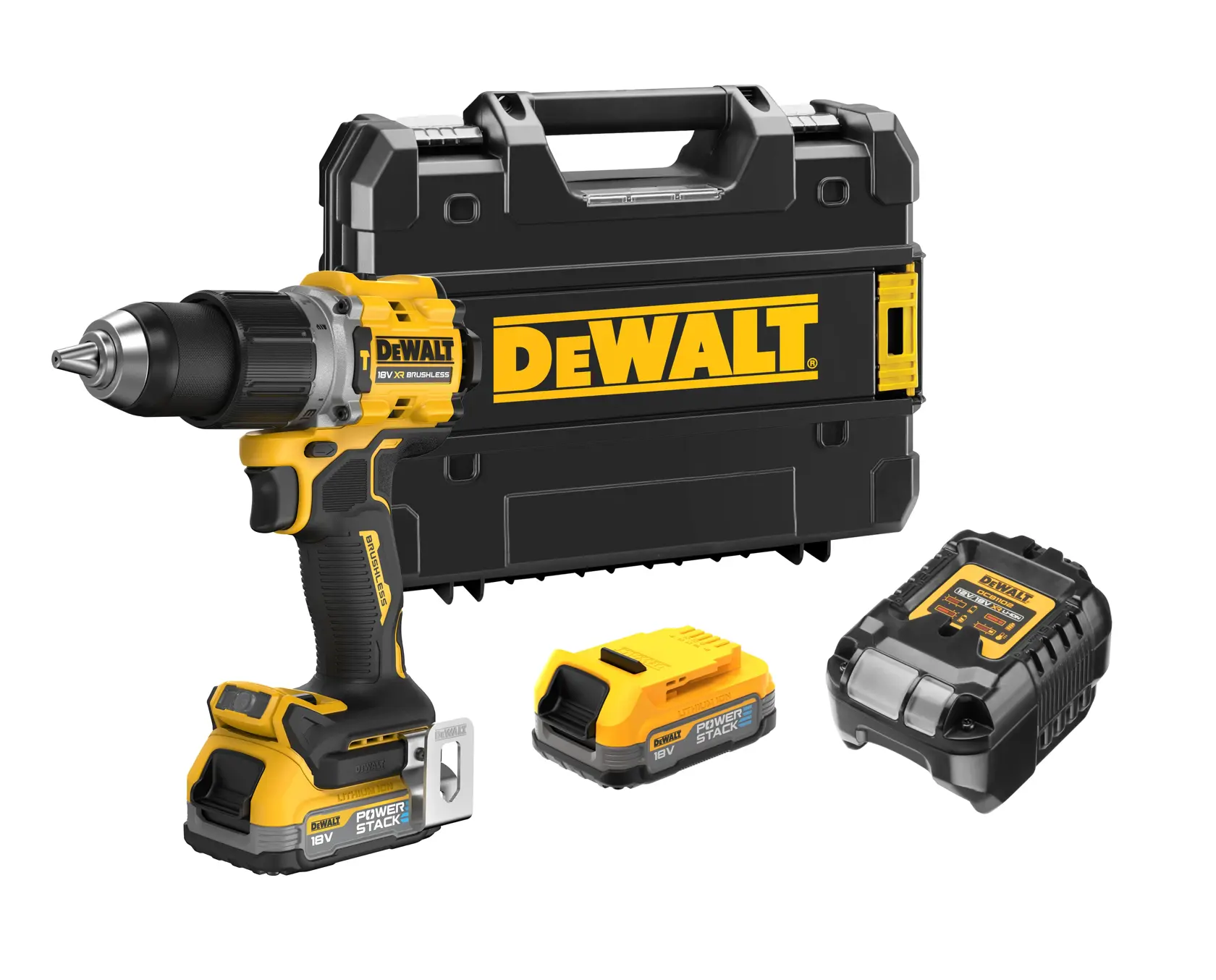 Kit including hammer drill DCD805 with x2 18V XR Powerstack 1.7AH batteries (DCBP034), charger (DCB1102) and Tstak kitbox