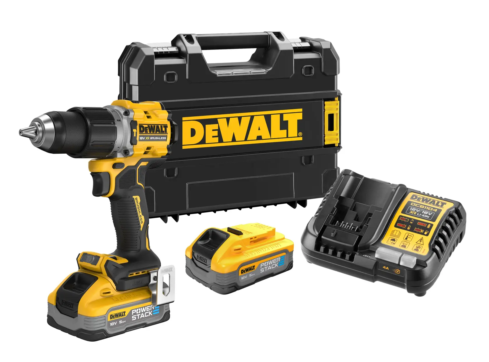 18V XR Brushless Hammer Drill Driver Kit with 2x 5Ah batteries, charger and tstak tool box