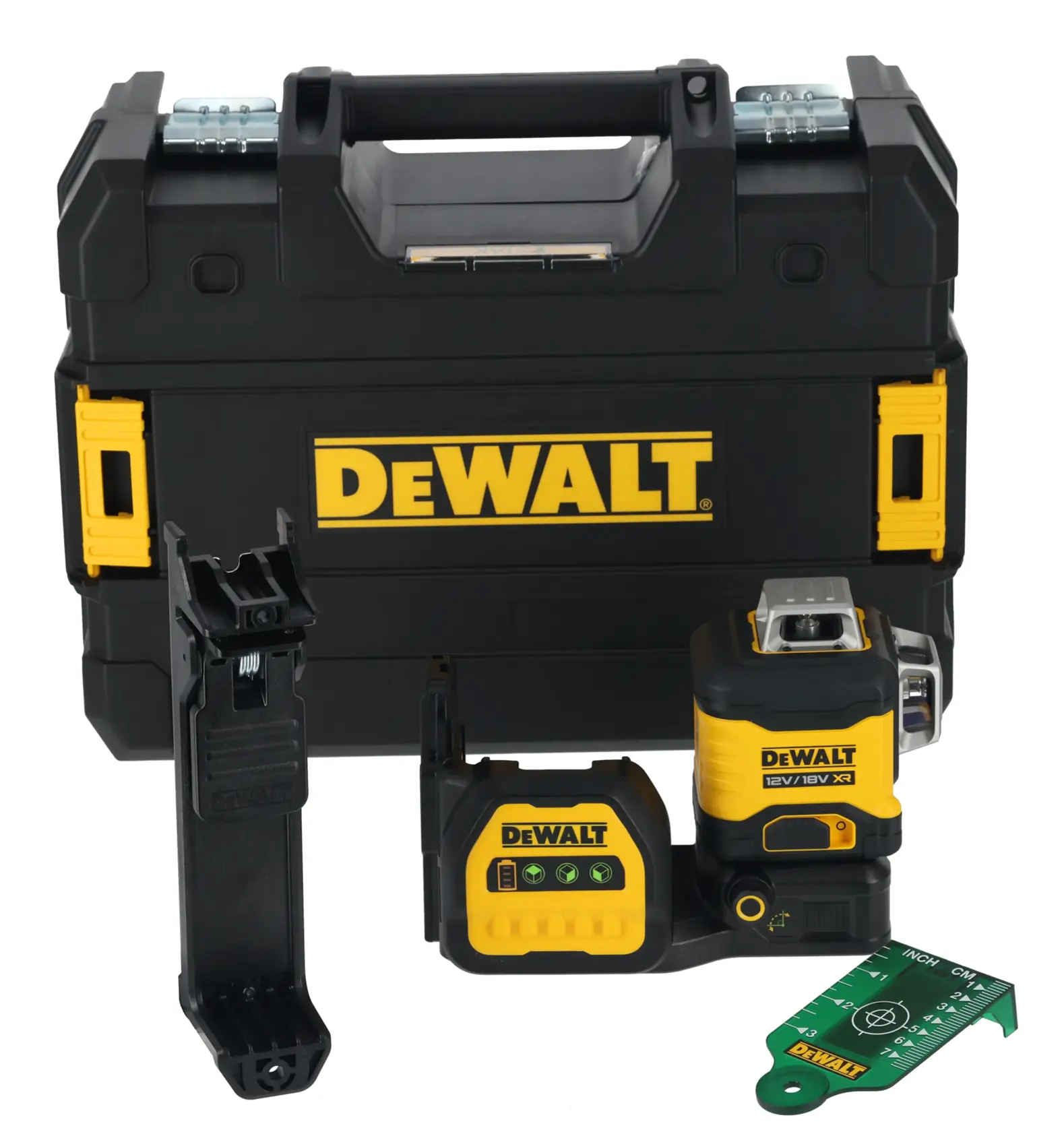 DEWALT green laser level kit including a black and yellow laser level device, a sturdy carrying case with DEWALT logo, a mounting bracket, a green target plate, and additional accessories.