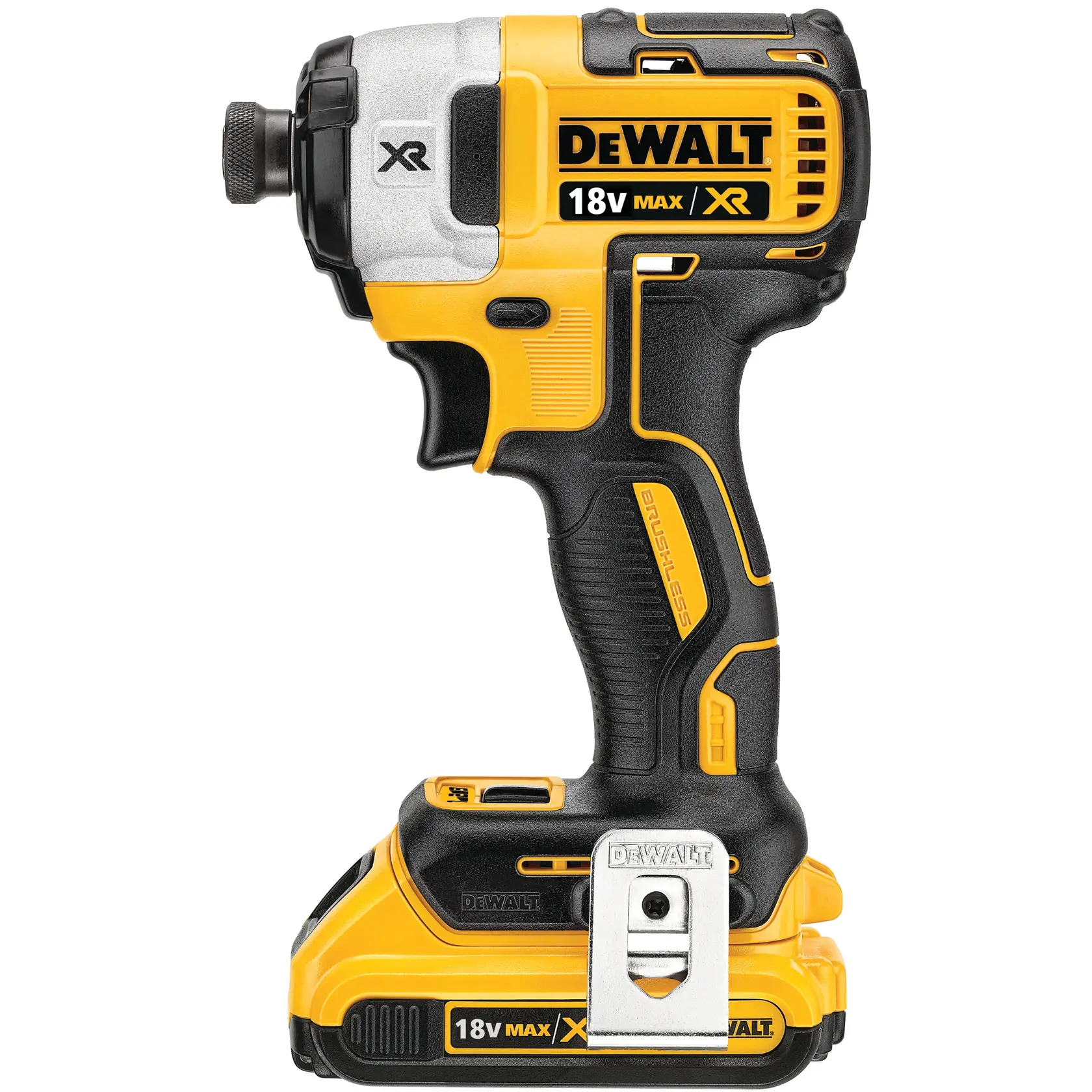 DEWALT 18V XR cordless brushless impact driver with a yellow and black body, compact design, and belt clip attachment.