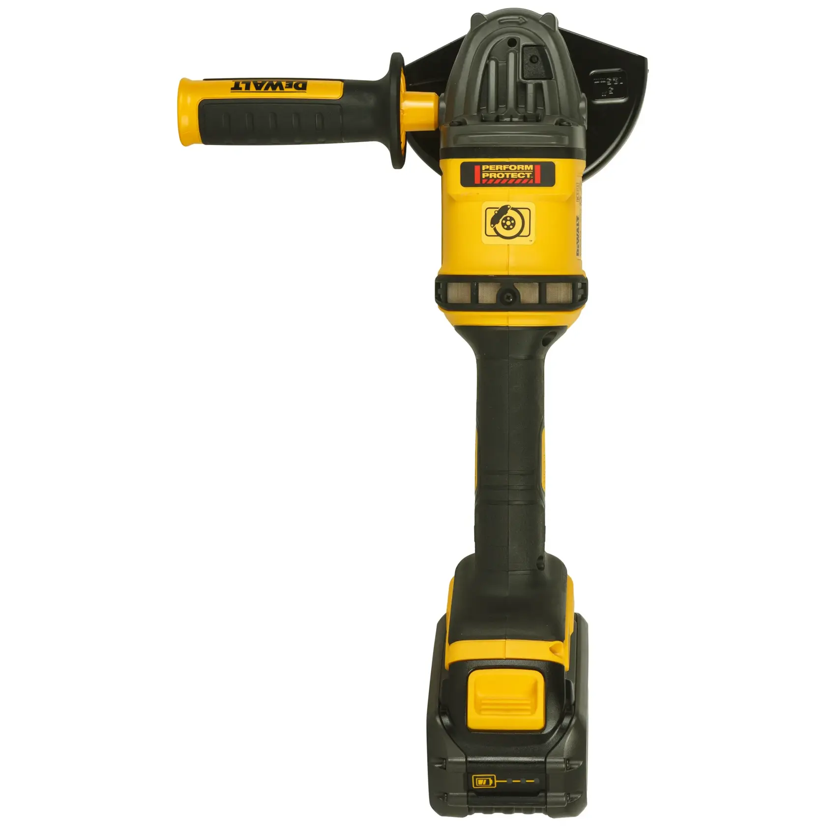 A person wearing gloves and work clothes uses a DEWALT cordless angle grinder to cut metal rods at a construction site, with sparks flying.