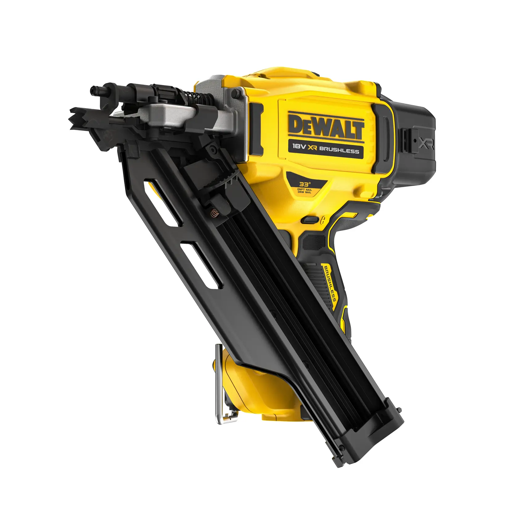 A DEWALT 18V XR brushless cordless nail gun, shown in a three-quarter view with a yellow and black design.