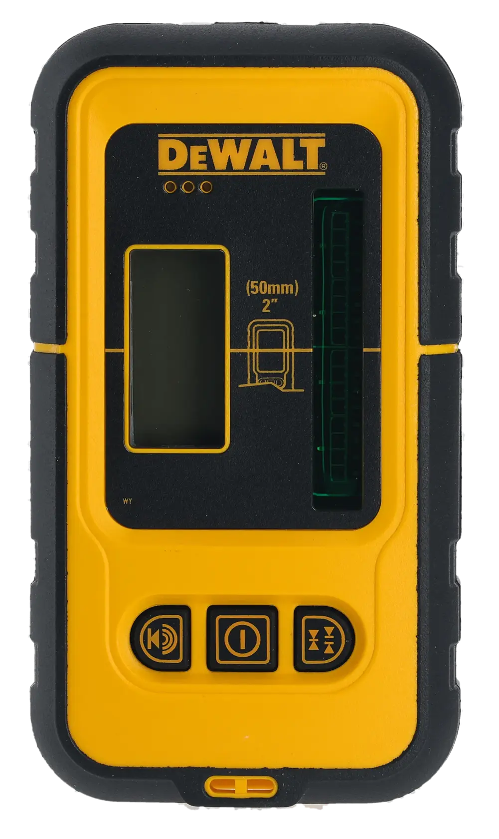 Front view of a DEWALT laser detector, model DE0892G, used in photography and construction for detecting green laser lines. The device is primarily yellow with black accents and has a digital display, indicator lights, and control buttons.