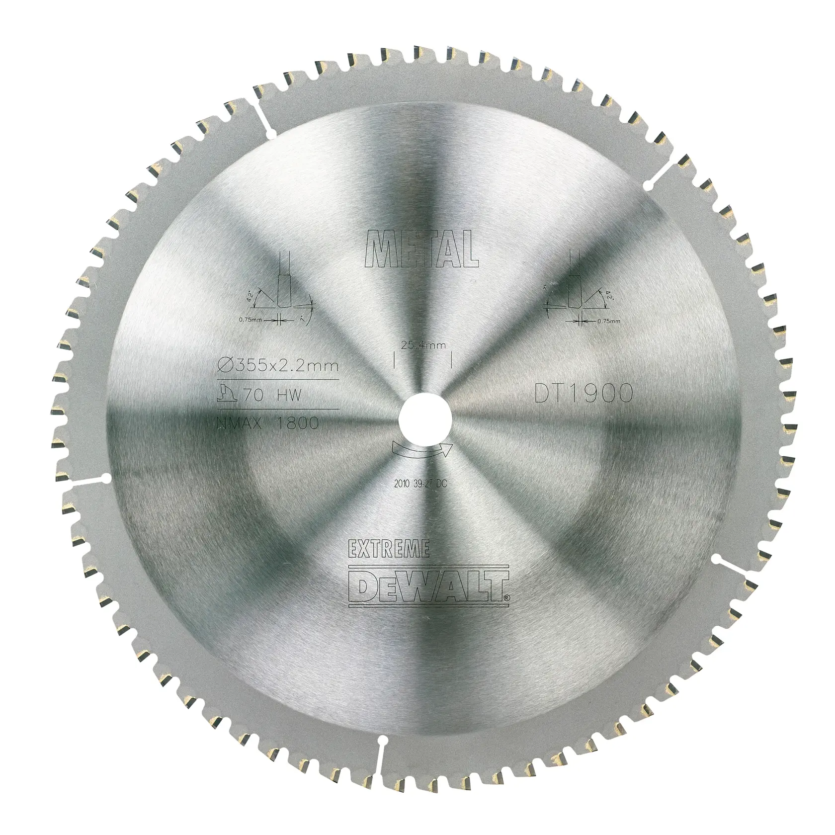 DEWALT DT1900 circular saw blade for metal, silver color with detailed specifications on the surface.