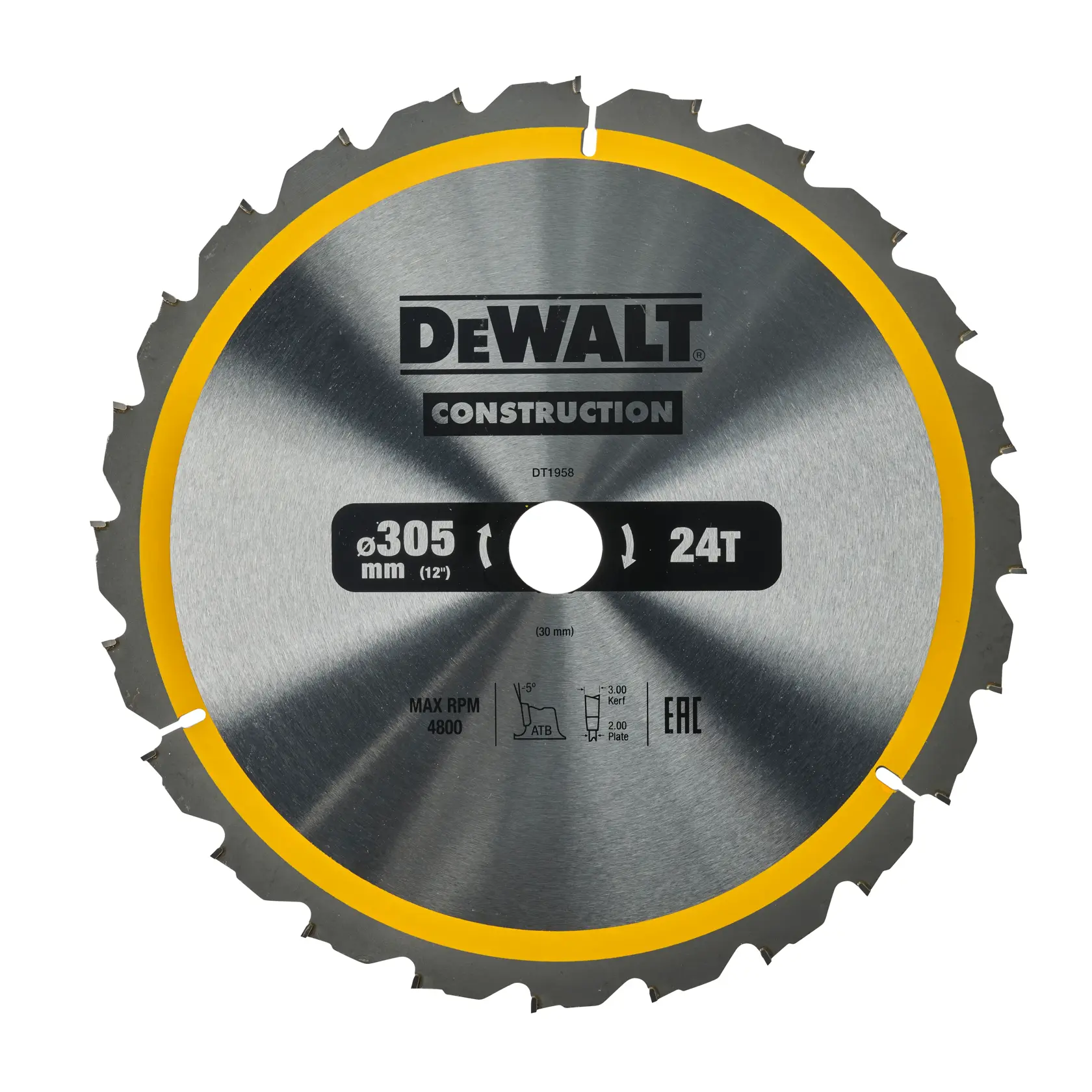 DEWALT DT1958 circular saw blade with 24 teeth and a diameter of 305 mm, designed for construction use. The blade features a metallic finish with a yellow accent around the edge and is labeled with specifications including maximum RPM and other technical details.