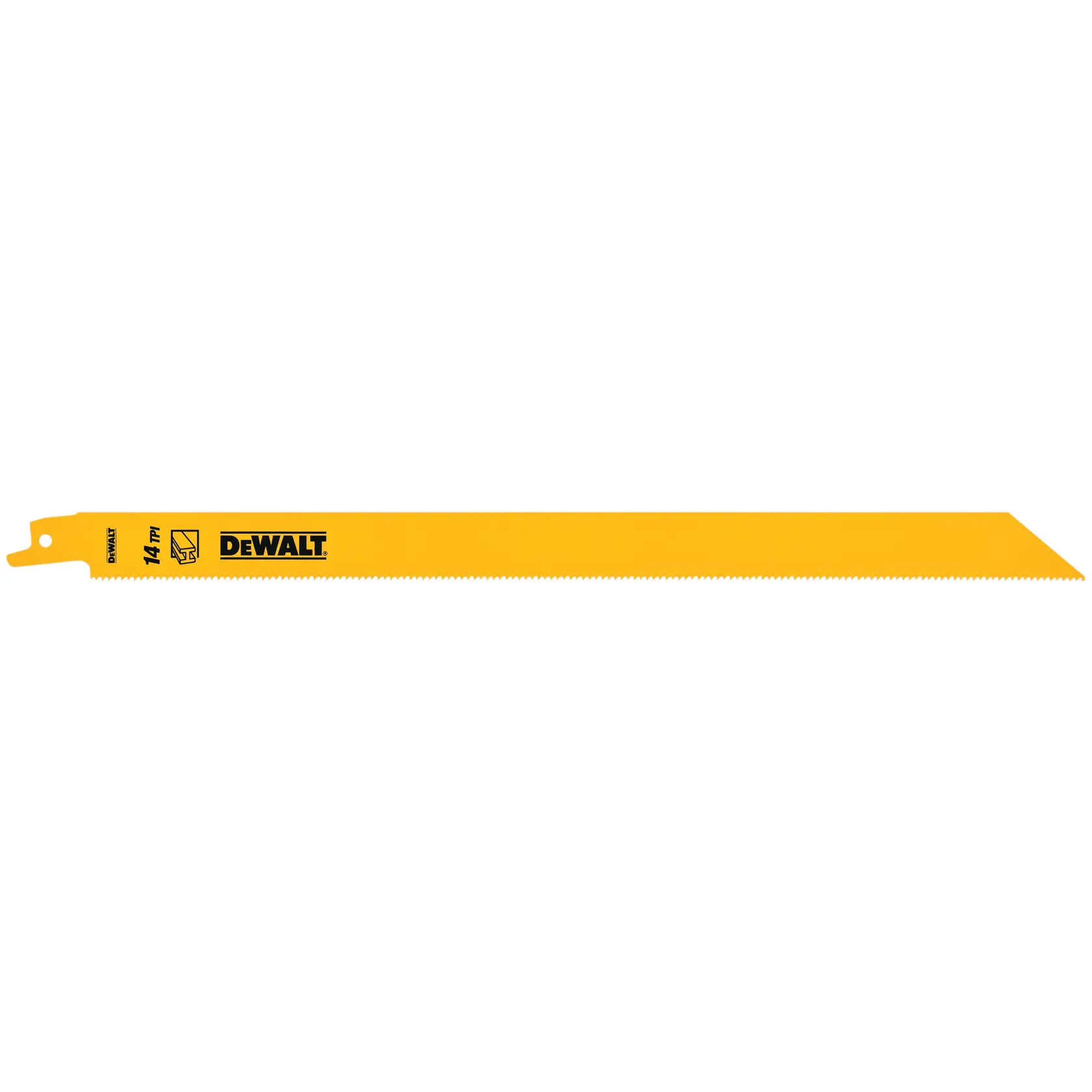 A DEWALT yellow reciprocating saw blade with fine teeth, labeled 14 TPI, suitable for cutting metal or other materials.