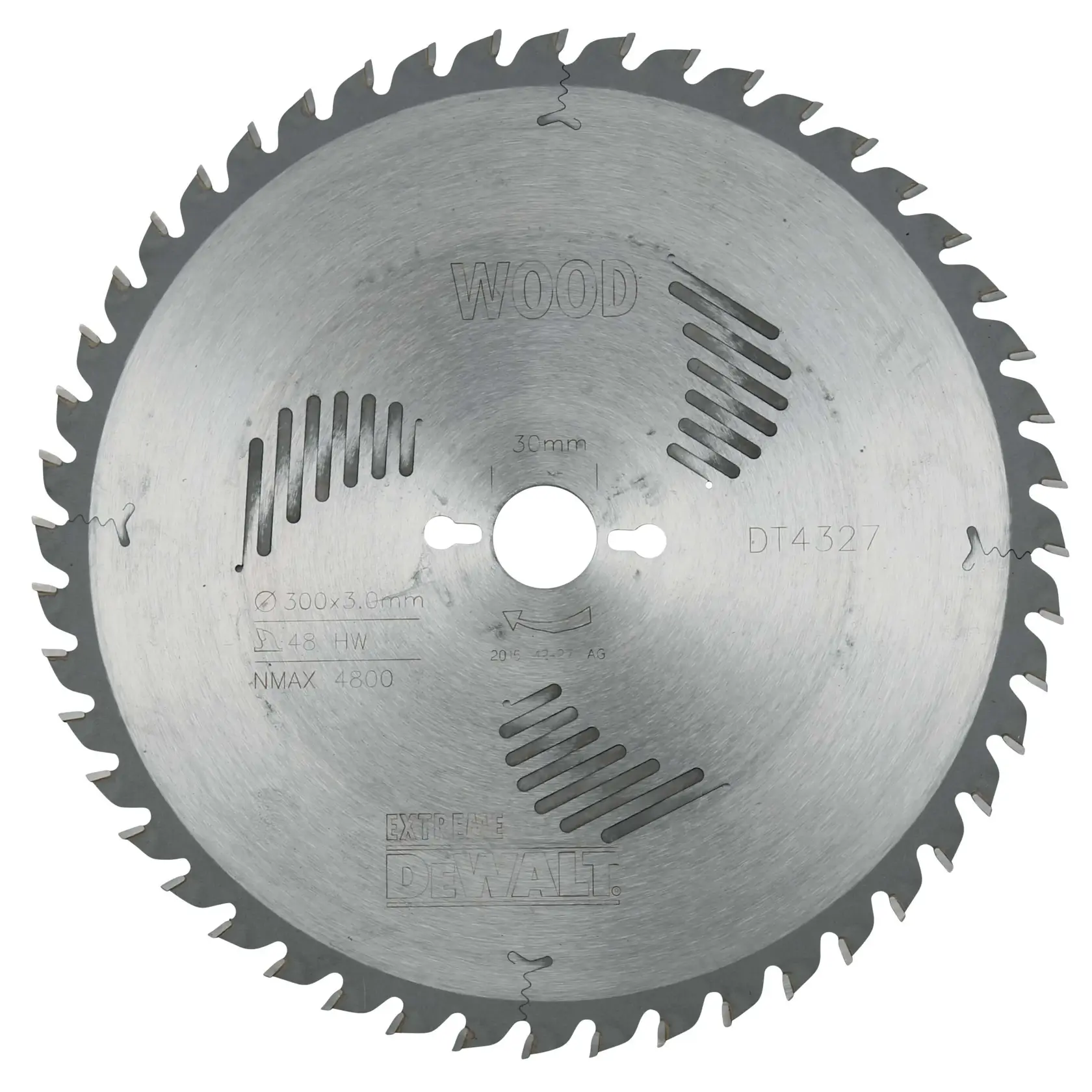 DEWALT DT4327 circular saw blade for wood, diameter 300mm with 48 teeth, made of metal, shown from above.