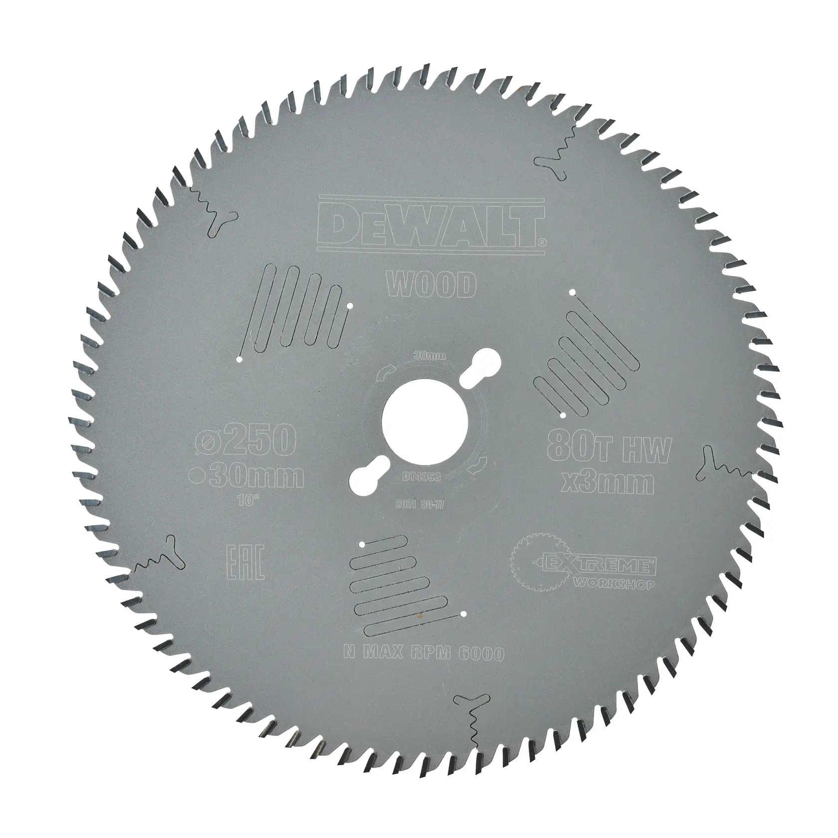 A circular saw blade by DEWALT, model DT4353, designed for cutting wood. The blade has 80 teeth and is marked with specifications including 250mm diameter, 30mm bore, 3mm thickness, maximum RPM 6000, and 'EXTREME WORKSHOP' branding.