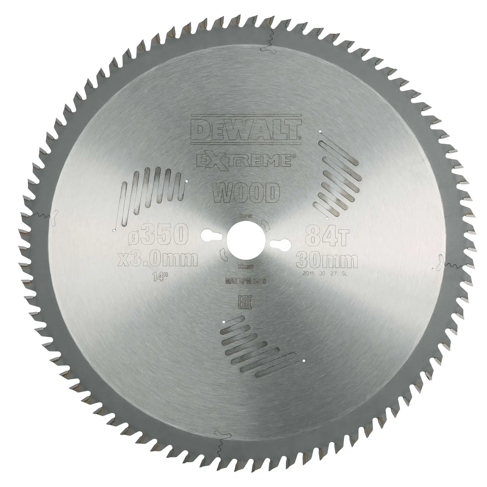 DEWALT DT4360 circular saw blade for wood, 350mm diameter, 84 teeth, silver color.