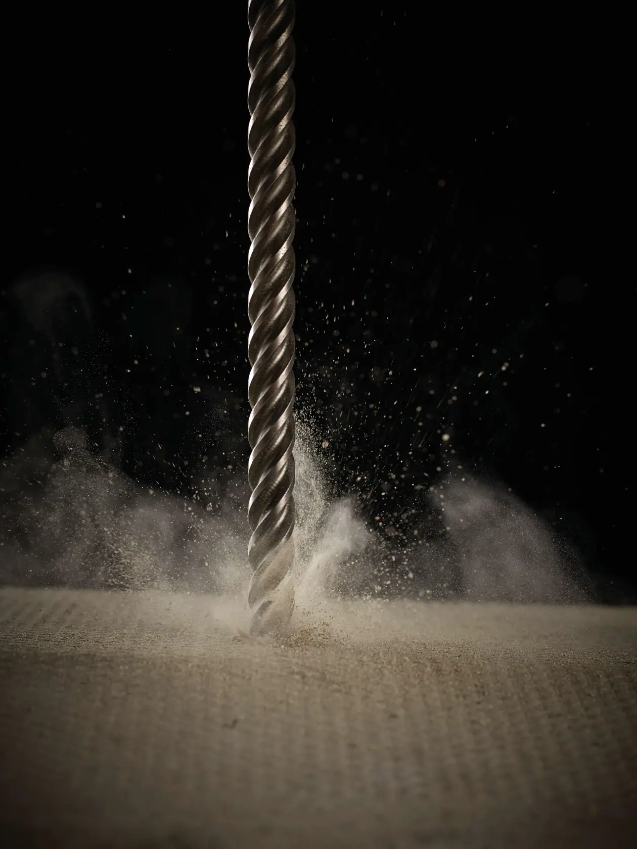 Close-up of a DEWALT drill bit creating dust as it penetrates a textured surface against a dark background.