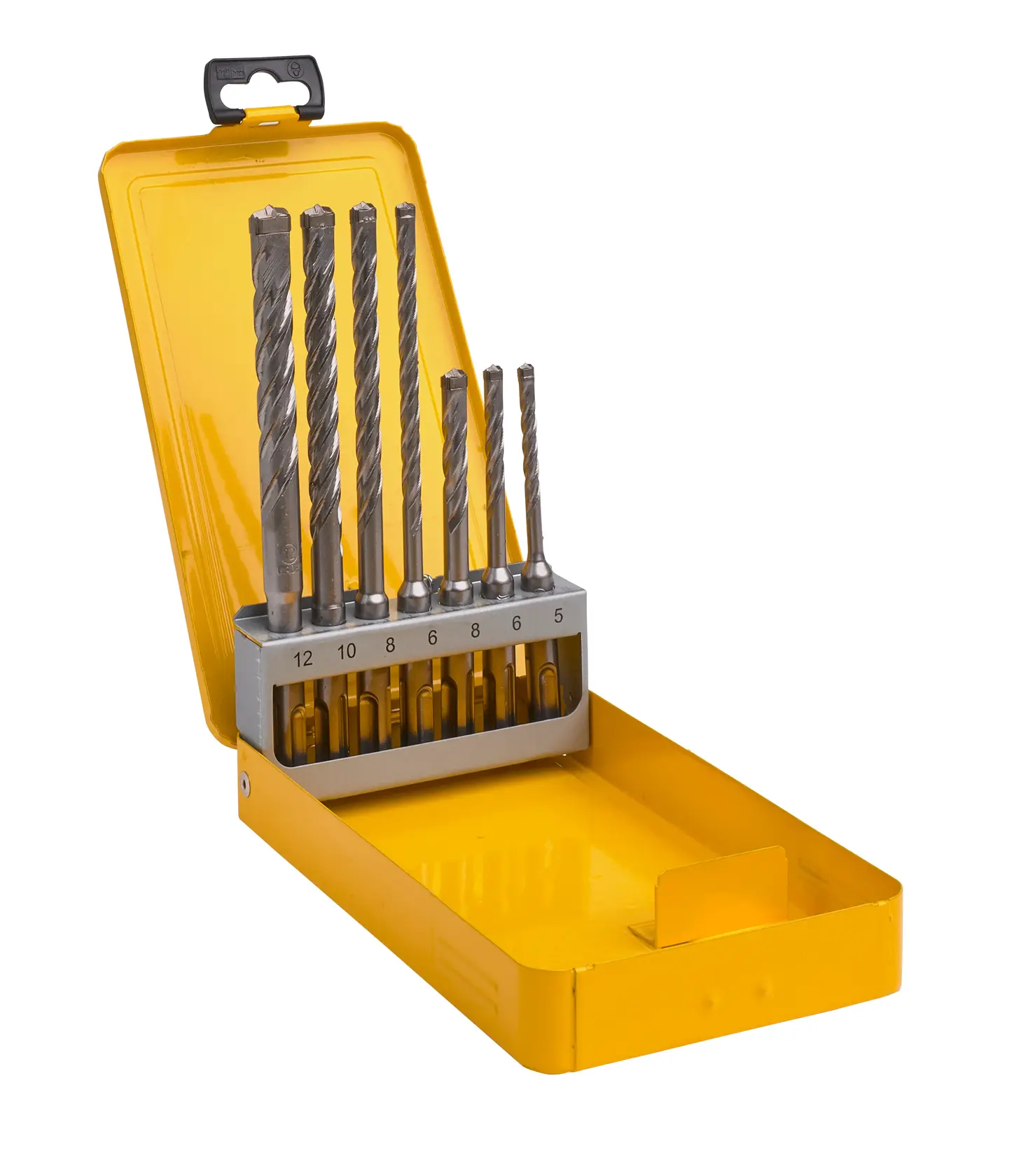 A yellow metal case containing a set of eight DEWALT drill bits of varying sizes, neatly organized in a metal holder. The case is open, displaying the drill bits upright.
