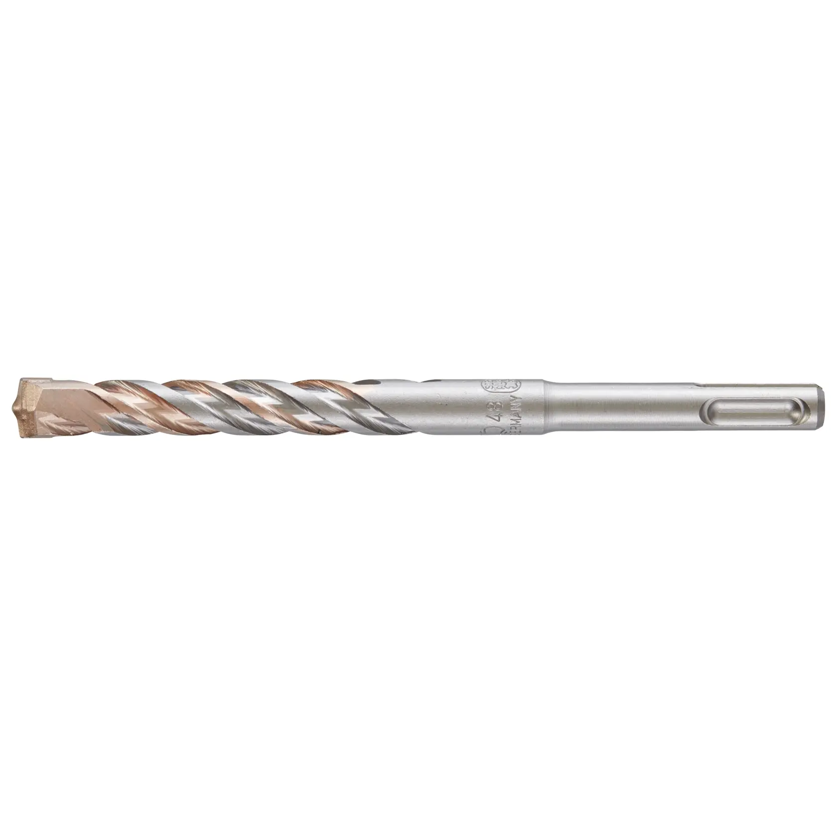 A single DEWALT SDS-plus masonry drill bit with a spiral flute and carbide tip, designed for drilling into concrete or stone surfaces.
