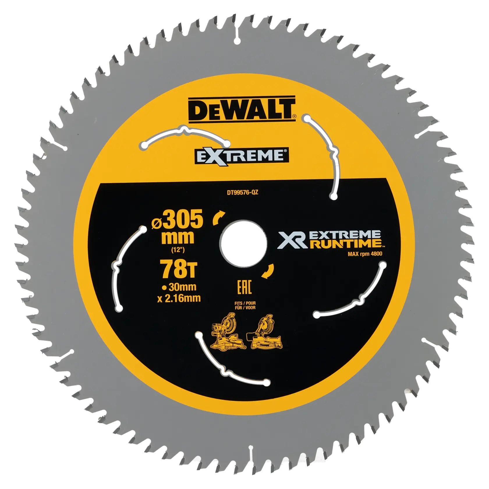 A DEWALT EXTREME XR circular saw blade, model DT99576, with 78 teeth, 305 mm (12 inch) diameter, 30 mm arbor, and 2.16 mm thickness. The blade is silver with a yellow and black label showing specifications and branding.