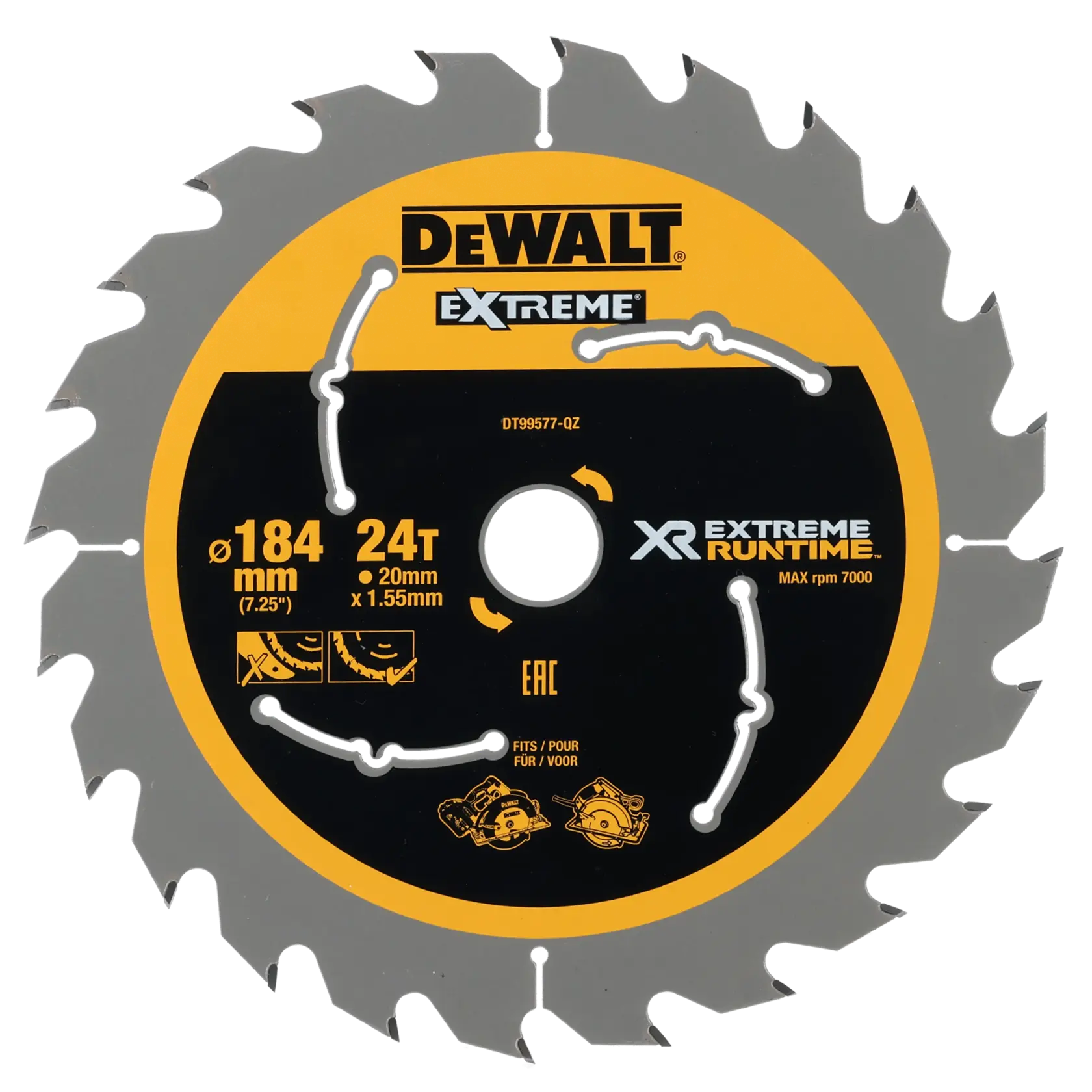 Graphic showing DEWALT XTREME Sub-Compact Series branding with the slogan 'Compact and Performance Packed' on a yellow background.
