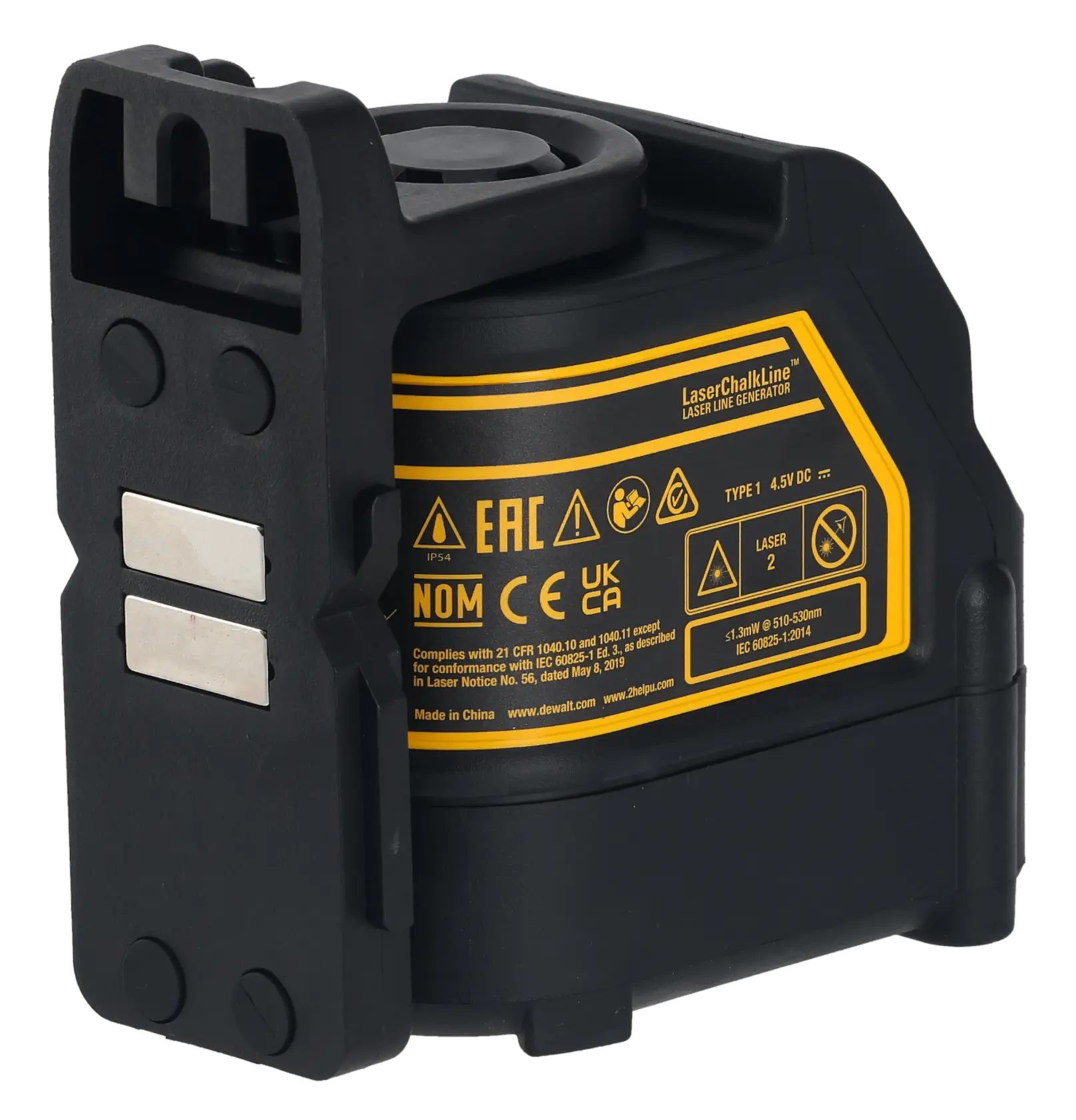 A DEWALT DW088CG laser line generator device in black and yellow, shown with warning and compliance labels. The device has a sturdy black casing and two metallic strips on the side.