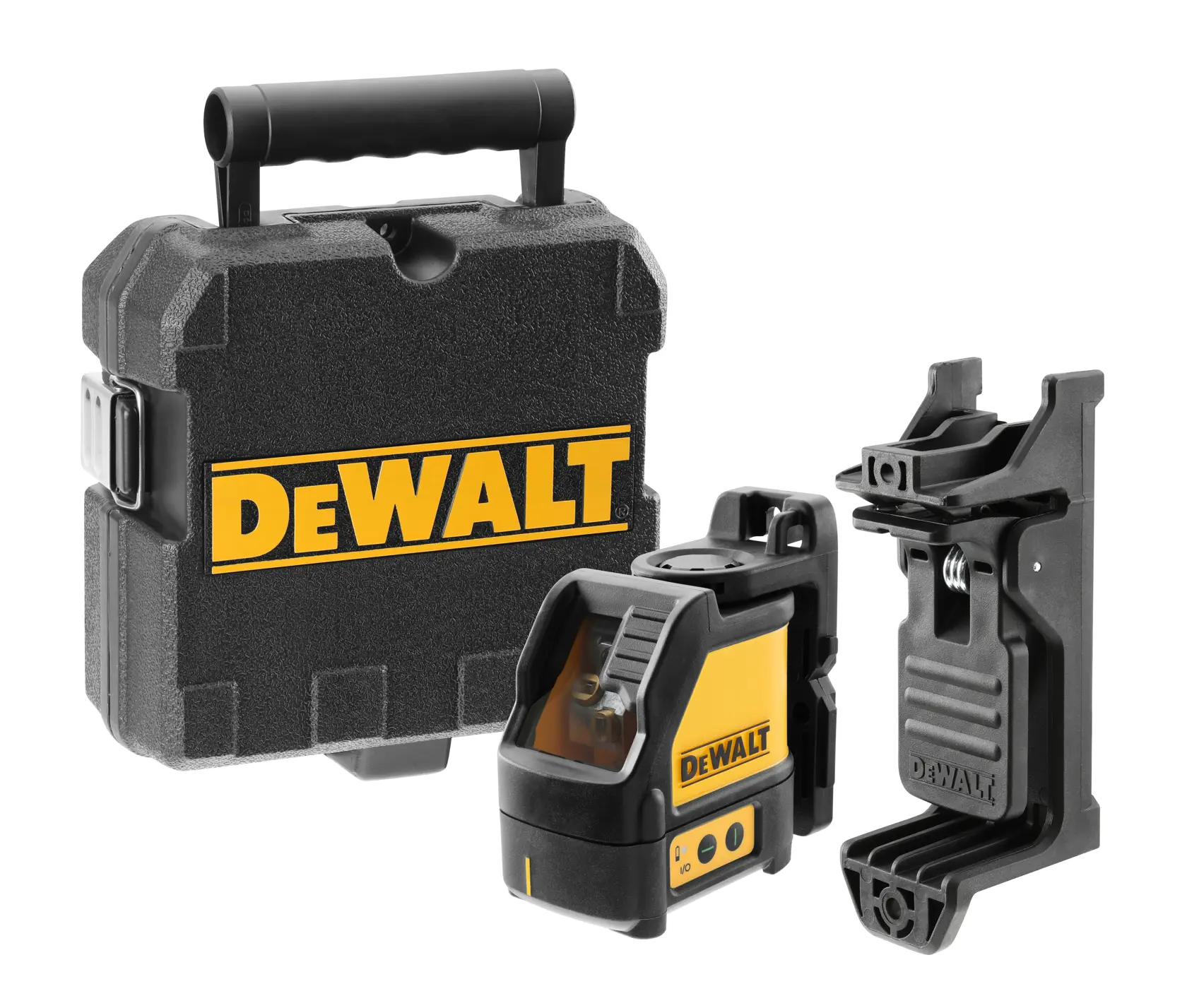 A DeWalt branded laser level kit is shown. The image includes a sturdy black carrying case with a handle, a yellow and black self-leveling laser device, and a mounting bracket. The items are arranged side by side on a white background.