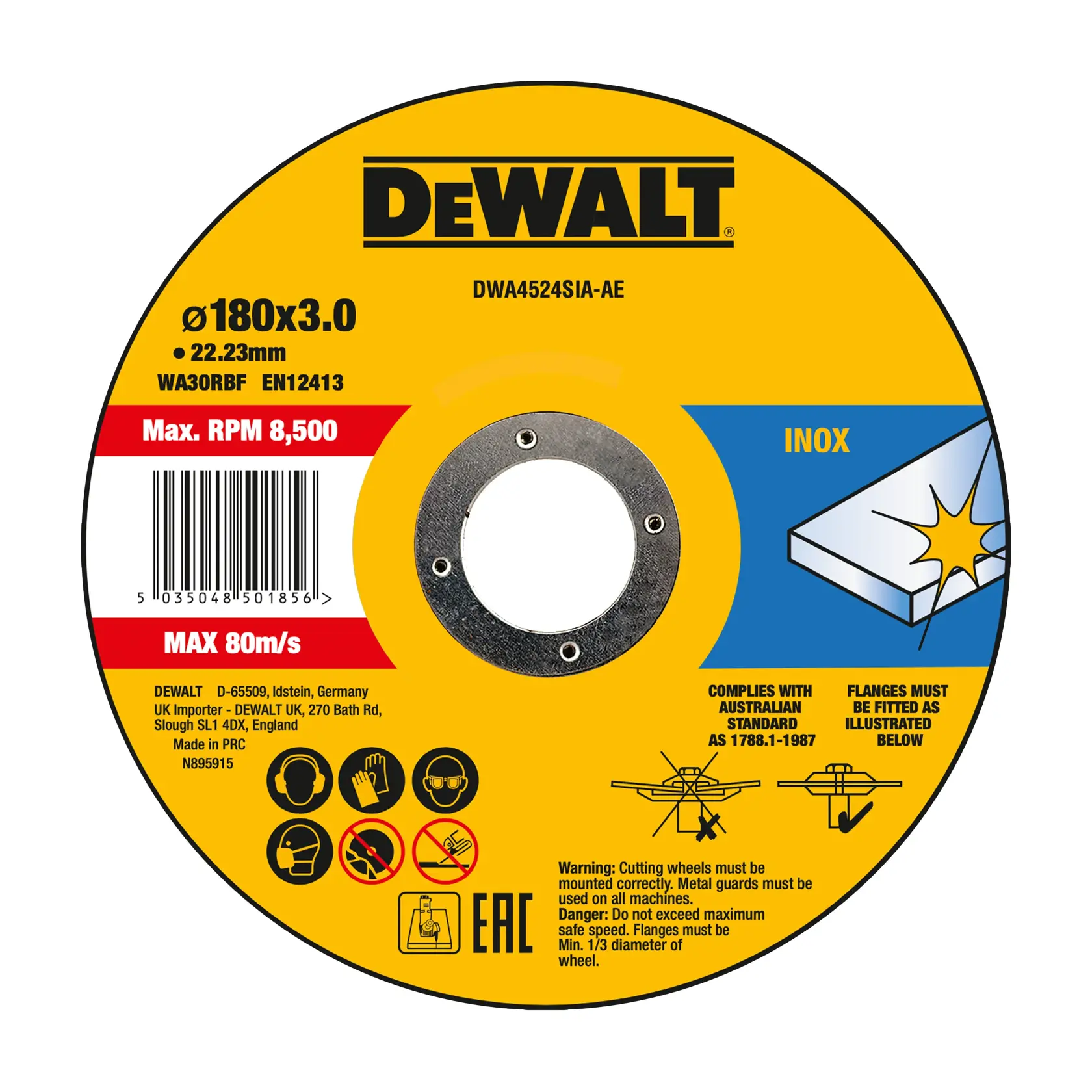 DEWALT® 180mm x 3mm x 22.23mm Type 42 HP Stainless Steel Cutting Wheel