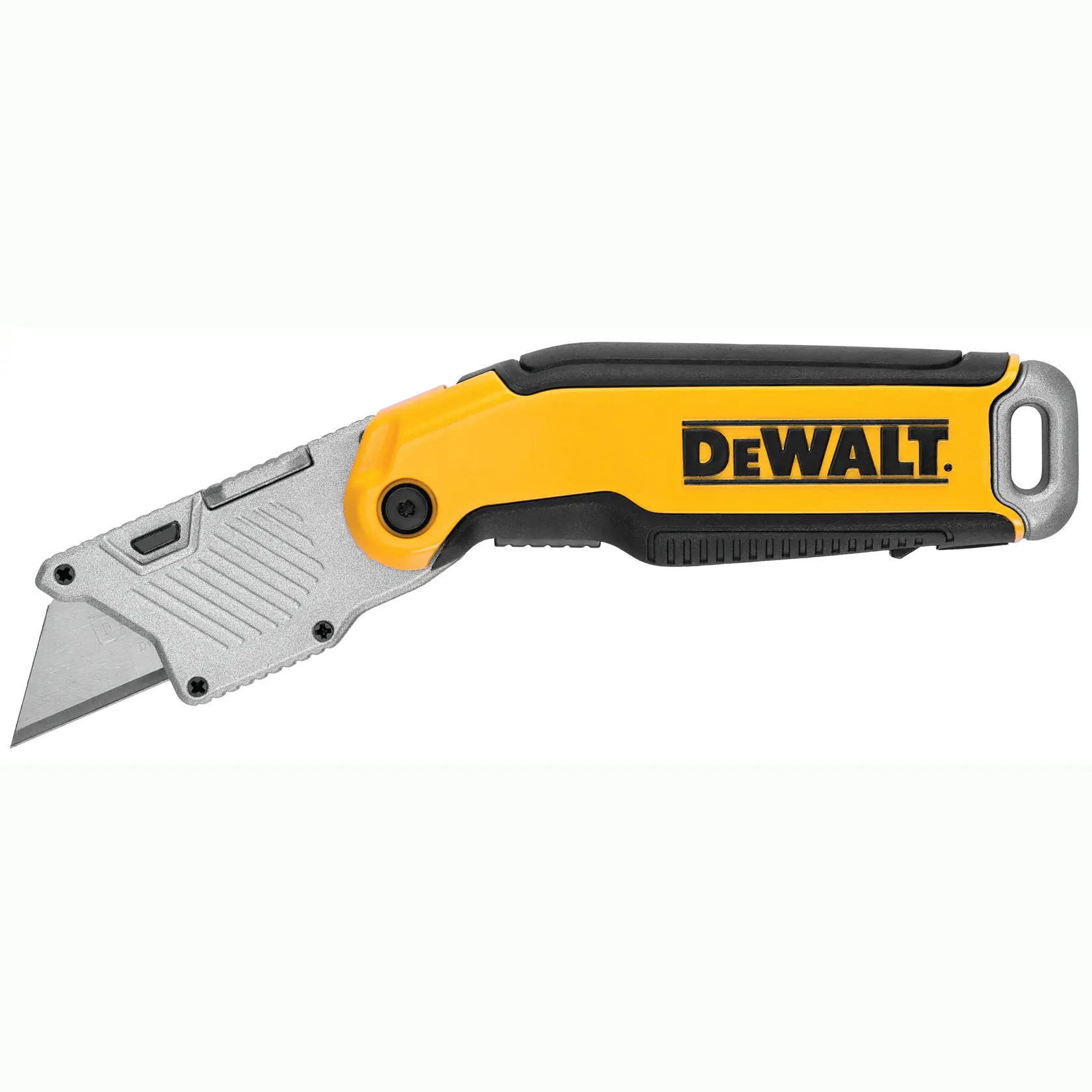 A DEWALT folding utility knife with a yellow and black handle, featuring a metal blade and ergonomic design.