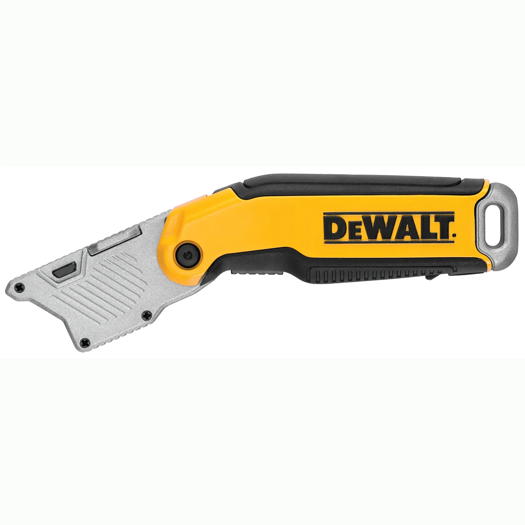 A DEWALT folding utility knife with a yellow and black handle and a silver blade. The DEWALT logo is printed on the handle.
