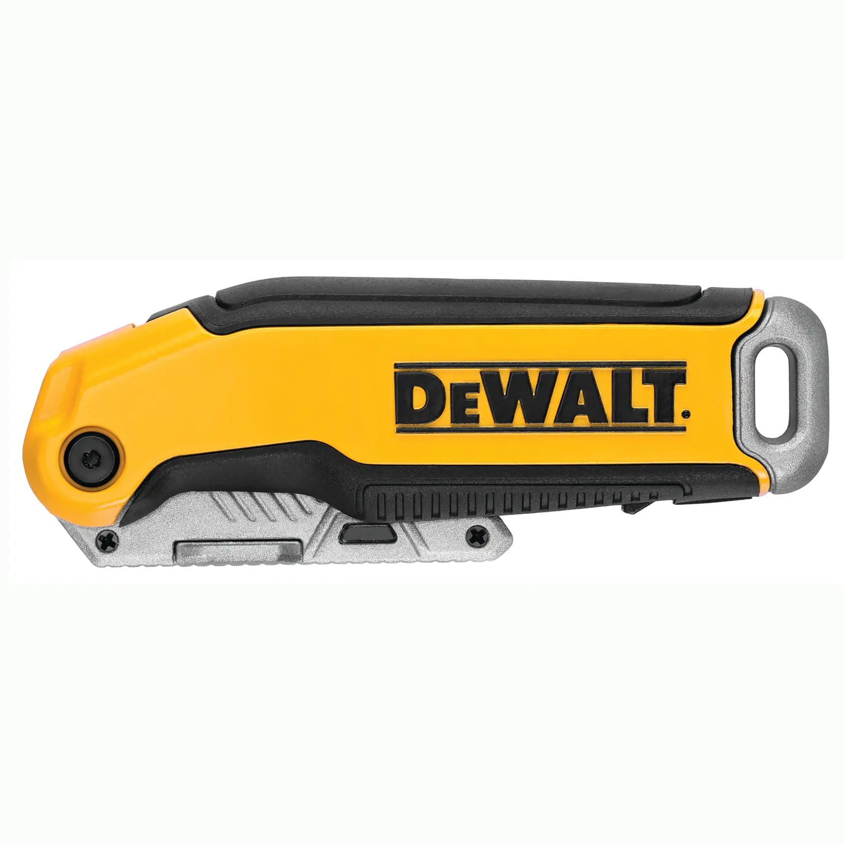 A DEWALT-branded folding utility knife with a yellow, black, and silver design, shown in a closed position.