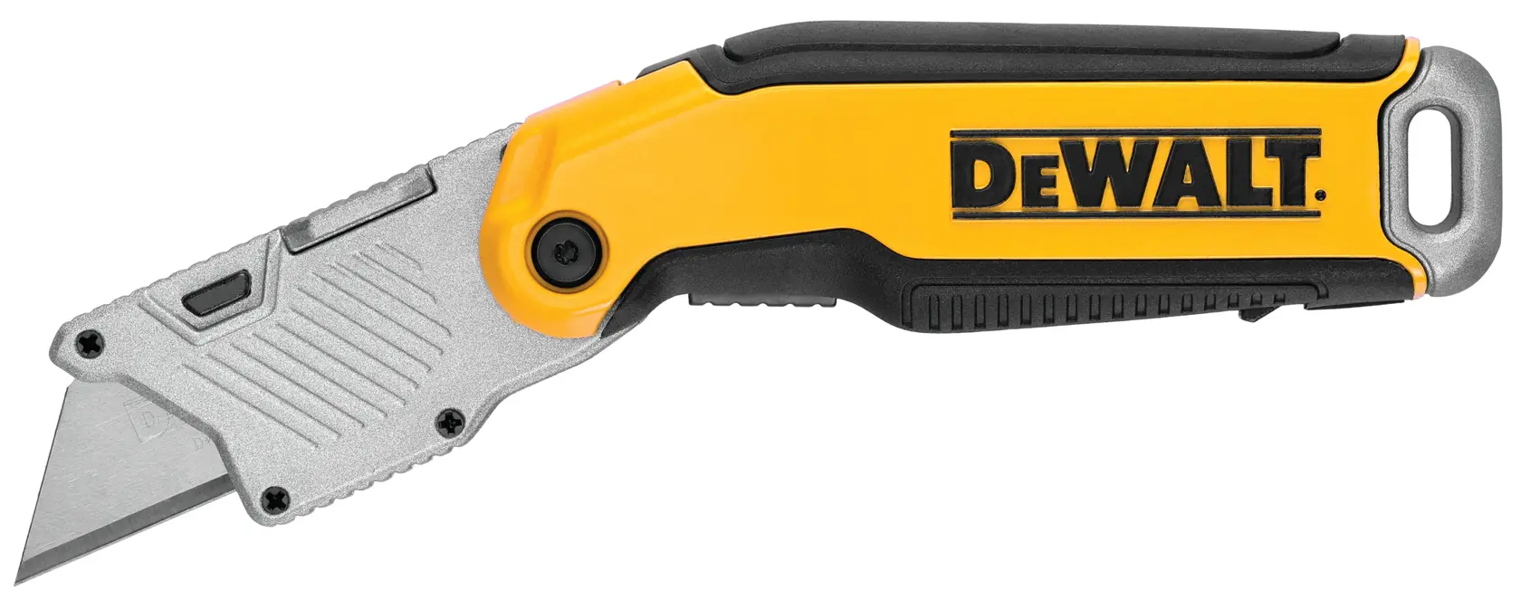 A DEWALT folding utility knife with a yellow and black handle, featuring a metal blade and ergonomic design.