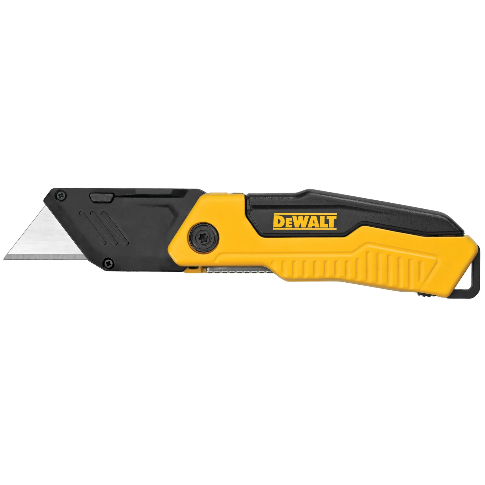 A DEWALT utility knife with a retractable blade, featuring a black and yellow handle and the DEWALT logo.