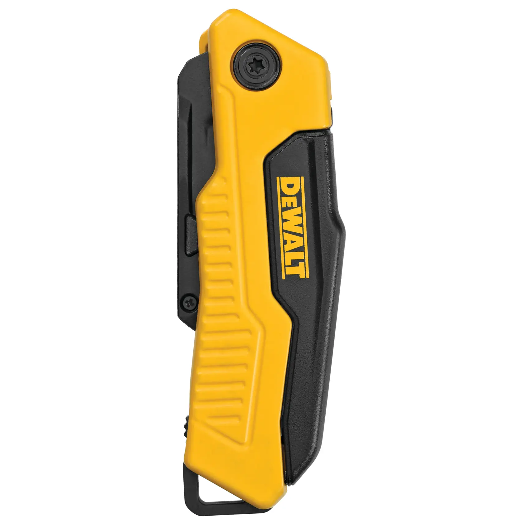 A DEWALT folding utility knife with a yellow and black handle and an exposed silver blade, shown on a white background.