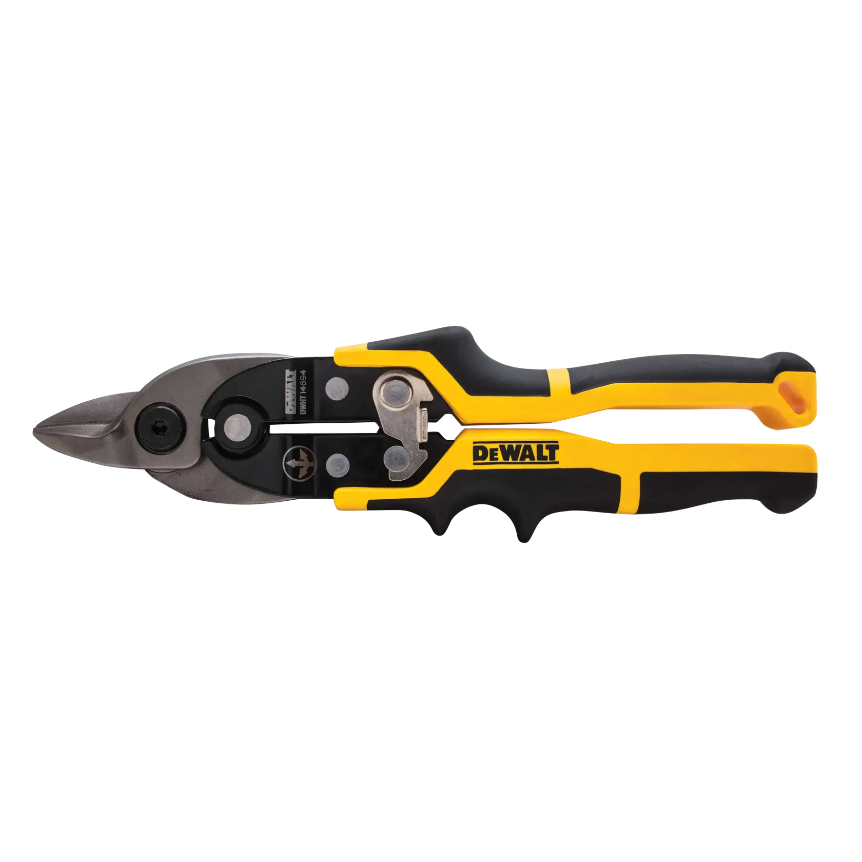 A pair of DEWALT aviation snips featuring black and yellow ergonomic handles and a metal cutting blade, designed for cutting sheet metal.