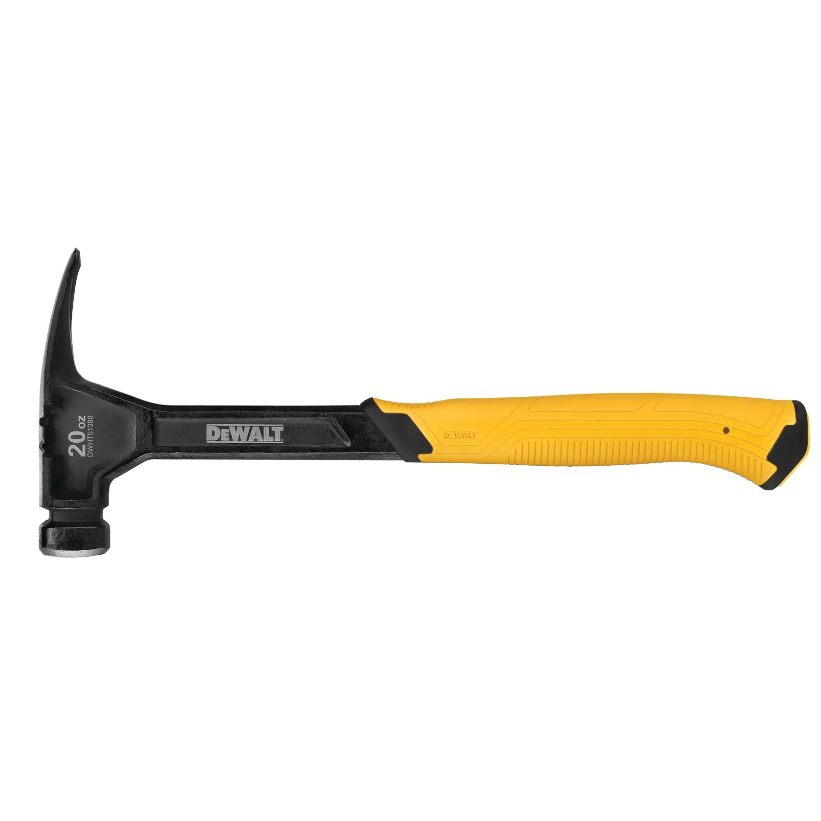 A claw hammer with a black metal head and a yellow ergonomic handle, shown against a white background.