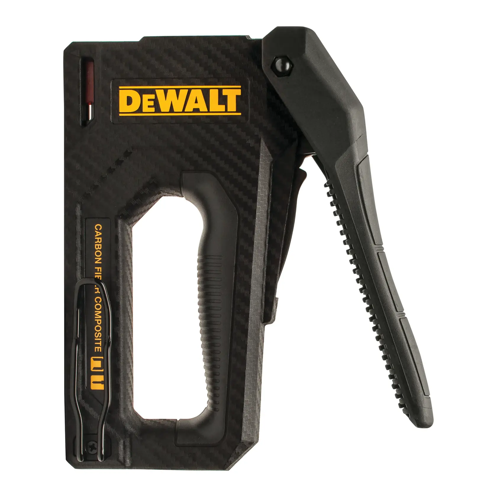 A DEWALT carbon fiber composite hand stapler, shown in a three-quarter angle. The stapler is primarily black with a yellow DEWALT logo, featuring a large ergonomic handle and a durable design.