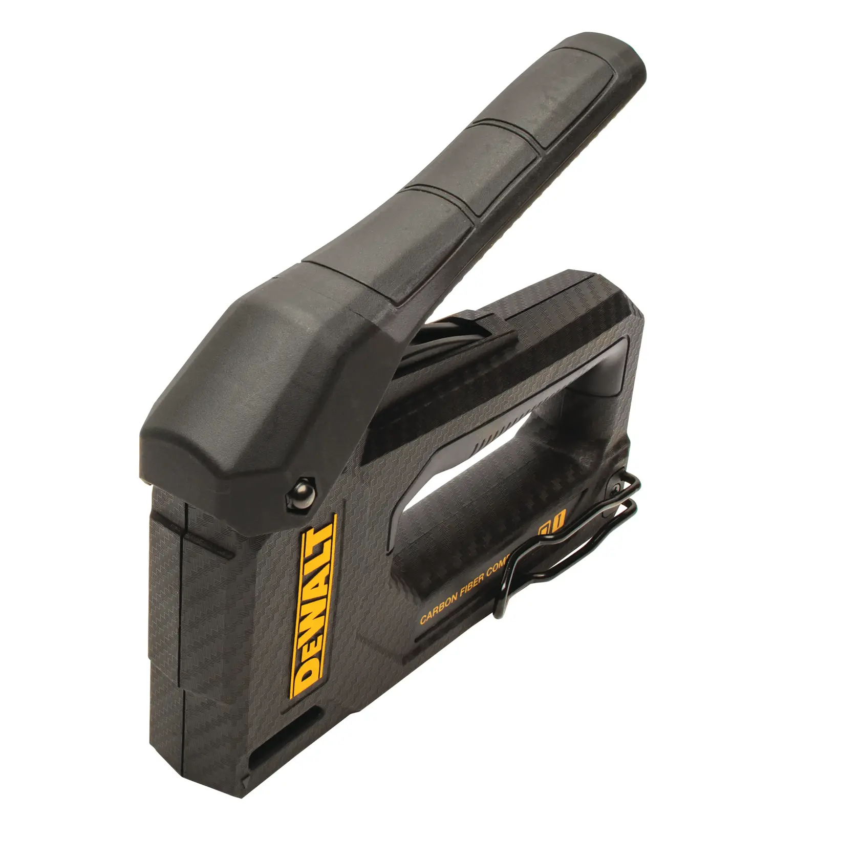 A DEWALT carbon fiber hand stapler with an ergonomic handle, shown in black with yellow branding. The tool is designed for heavy-duty construction and fastening tasks.