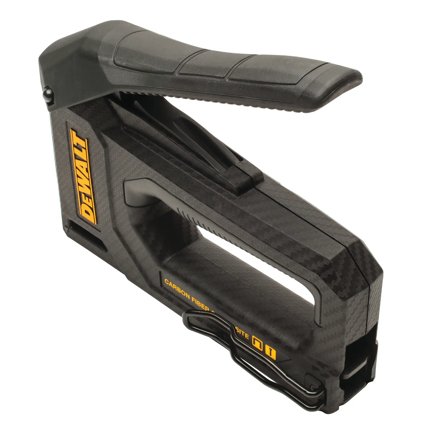 A gloved hand holds a DEWALT carbon fiber stapler (model DWHT80276) against a textured surface, likely for flooring or carpeting installation.