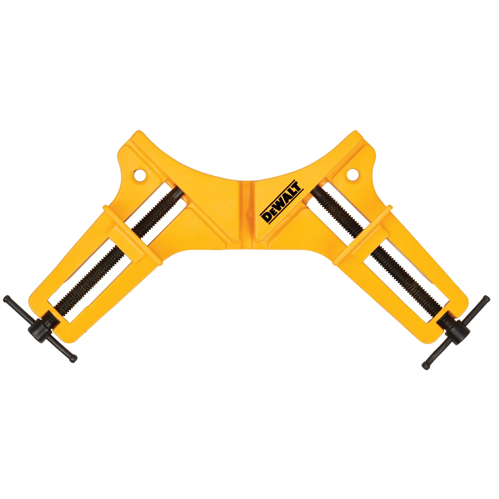 DEWALT yellow corner clamp tool with black threaded handles, used for securing materials at a right angle.