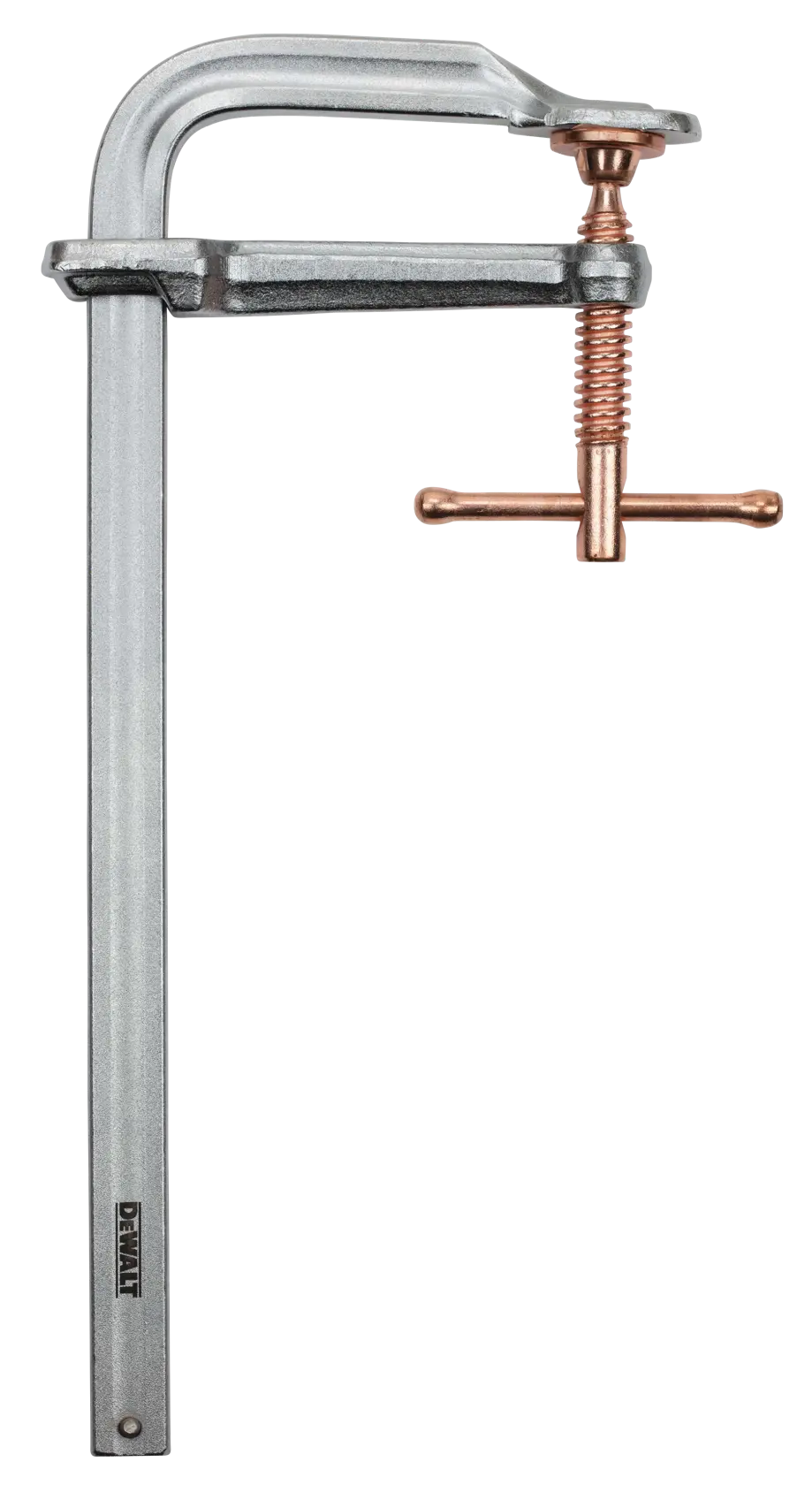 A DEWALT branded metal F-clamp with a silver body and copper-colored screw mechanism, used for securing materials during woodworking or metalworking.