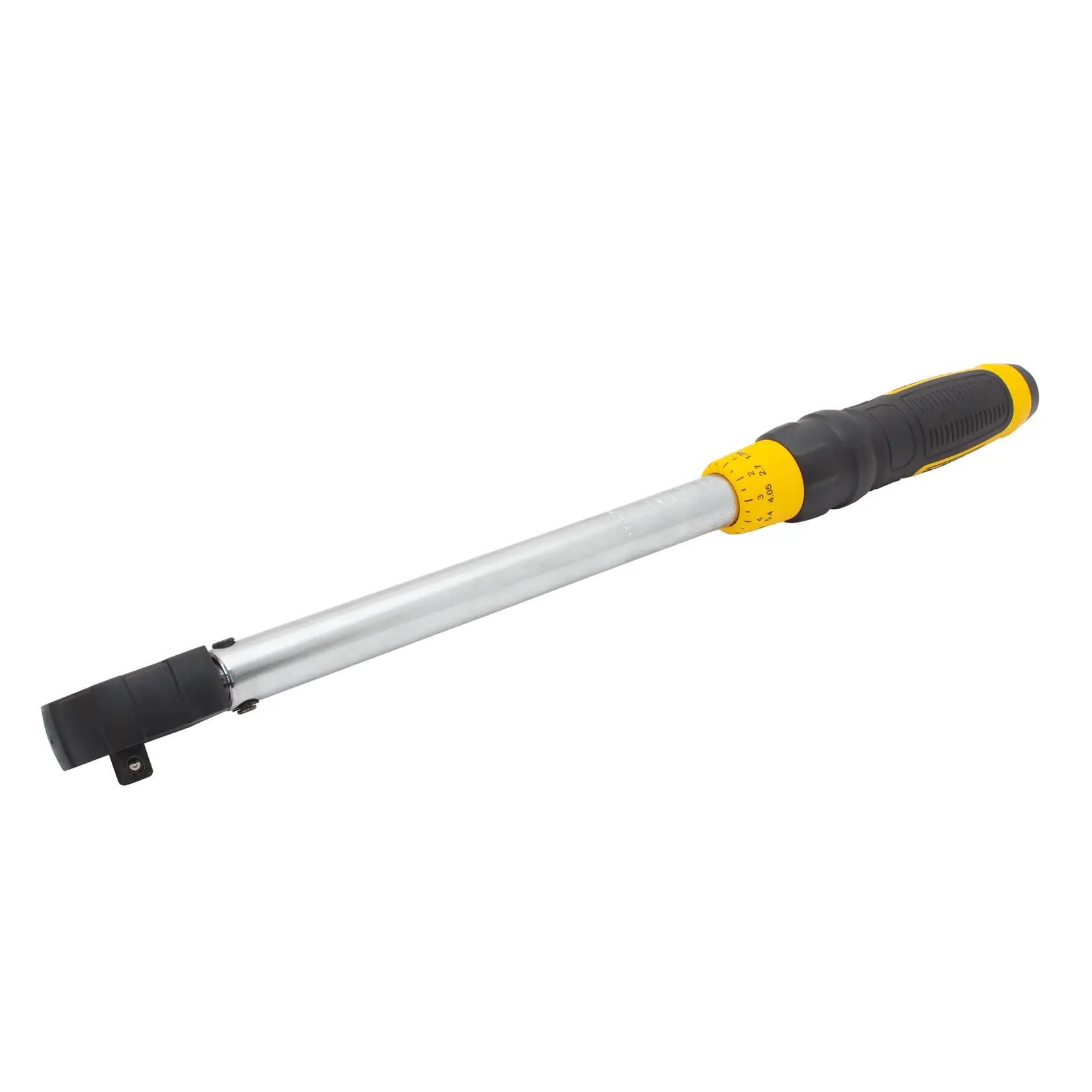A DEWALT torque wrench with a metallic shaft and a black and yellow ergonomic handle, shown on a white background.