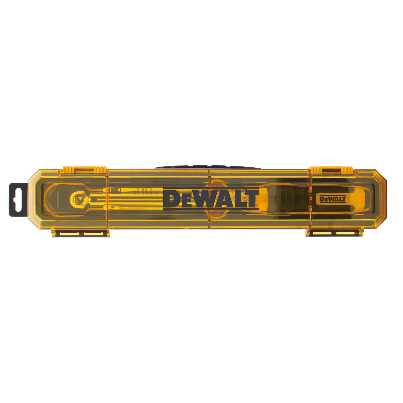A DEWALT branded yellow plastic case containing a tool, viewed from above. The case has a transparent cover, allowing the tool inside to be seen.