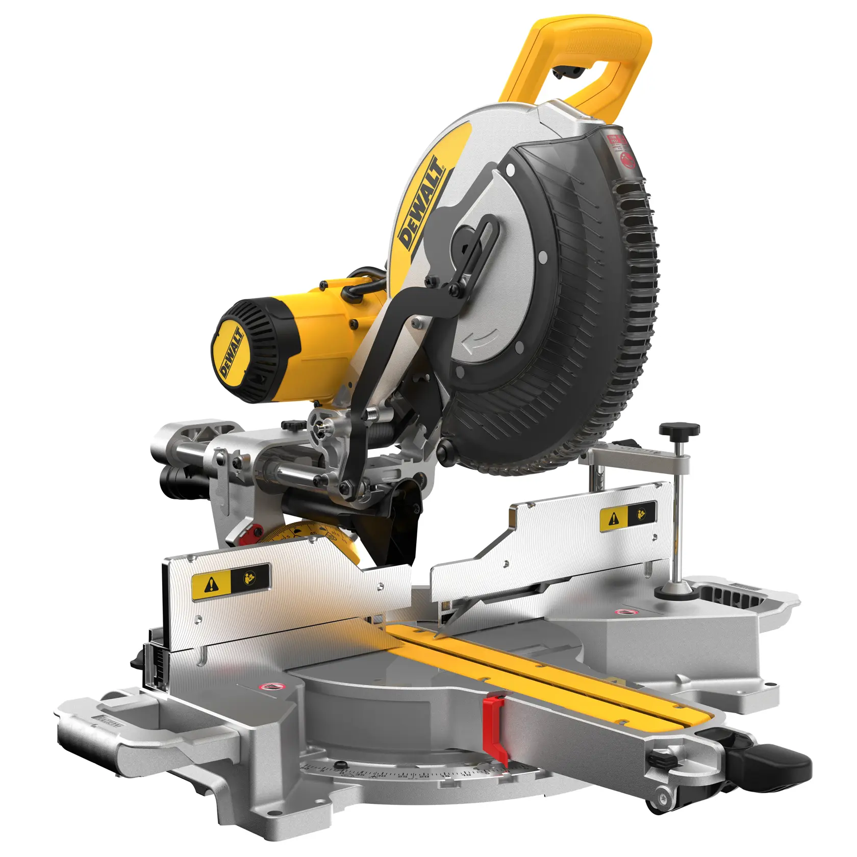 A DEWALT DWS780 sliding compound miter saw with a yellow and silver body, featuring a large circular blade, laser guide, and adjustable fence for precise wood cutting.