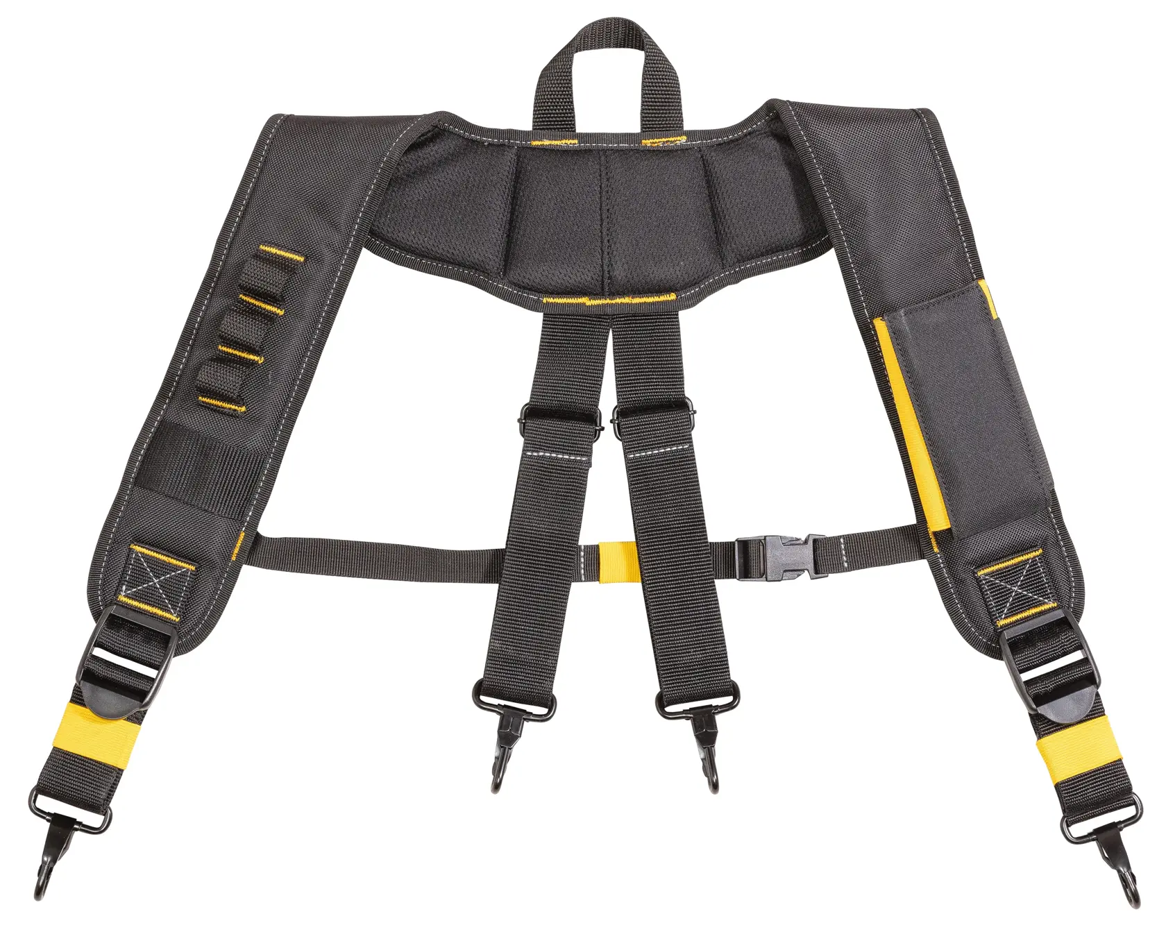 A DEWALT adjustable padded tool harness with black and yellow accents, designed for carrying heavy tool belts. It features multiple loops and clips for attachments, padded shoulder straps, and a central buckle for secure fastening.